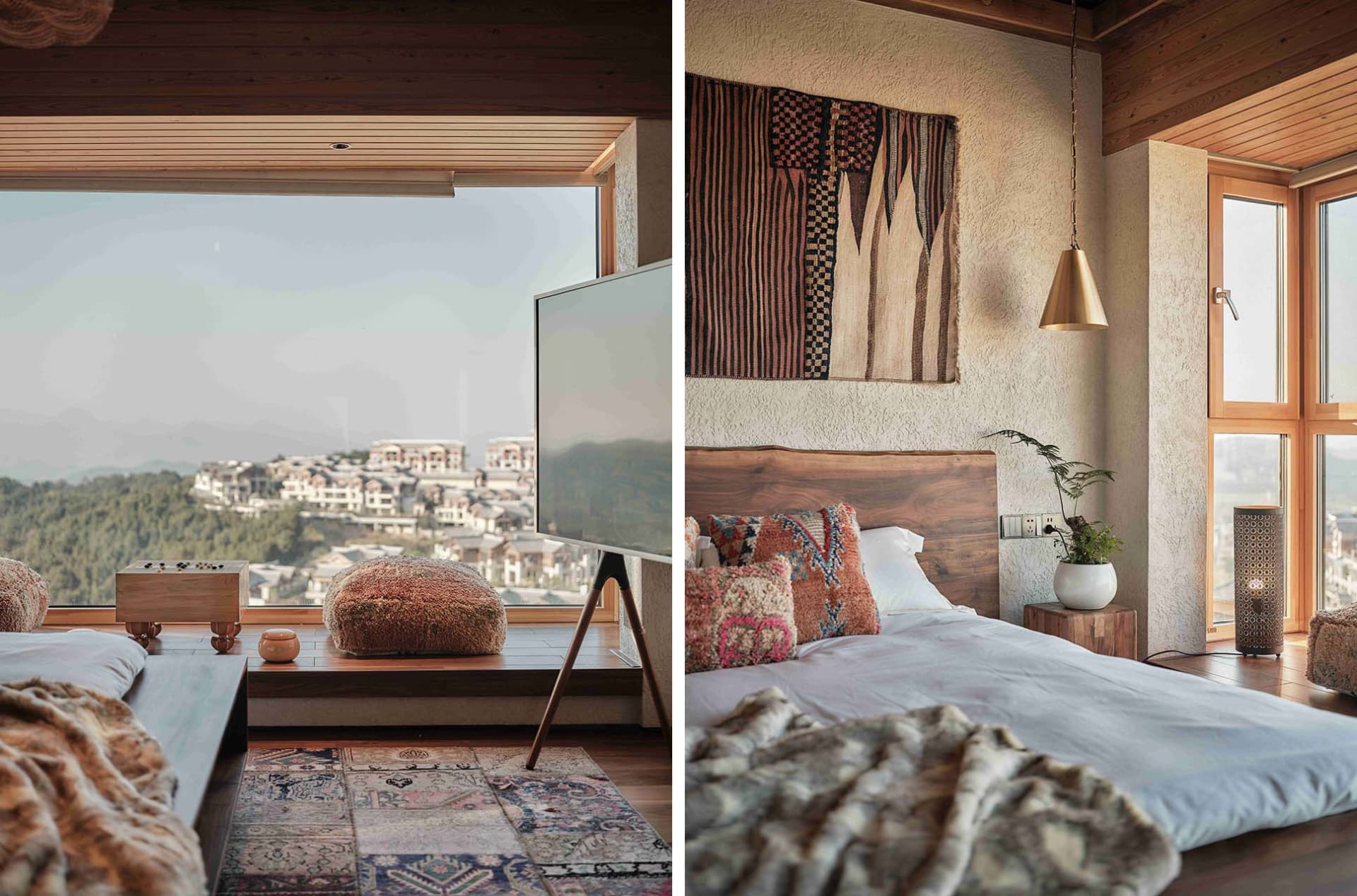 A cozy wooden bedroom featuring a bed with a wooden headboard, patterned cushions, and a large window with a view of the city