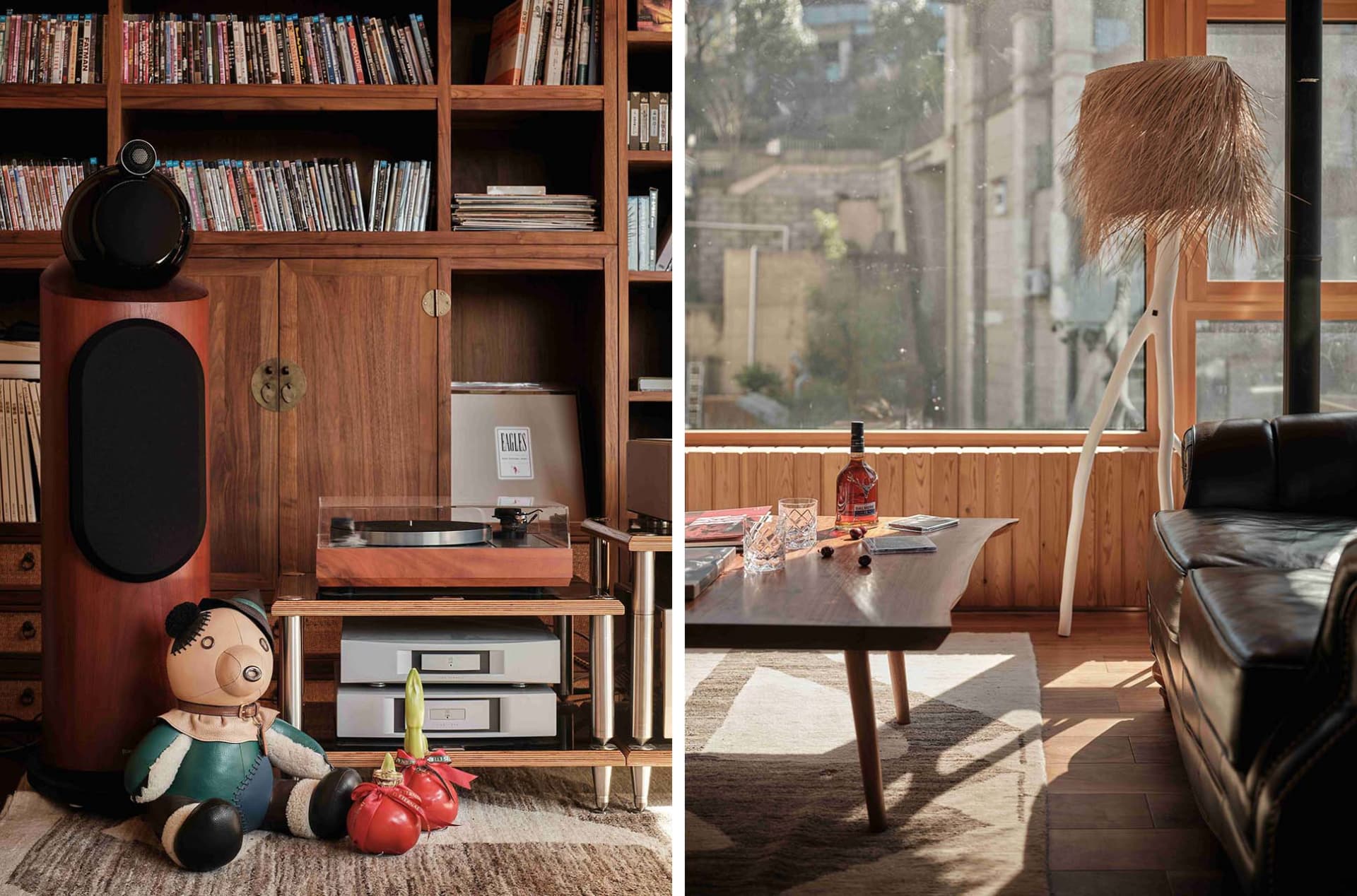 Modern living room with wooden accents and a collection of books and records.