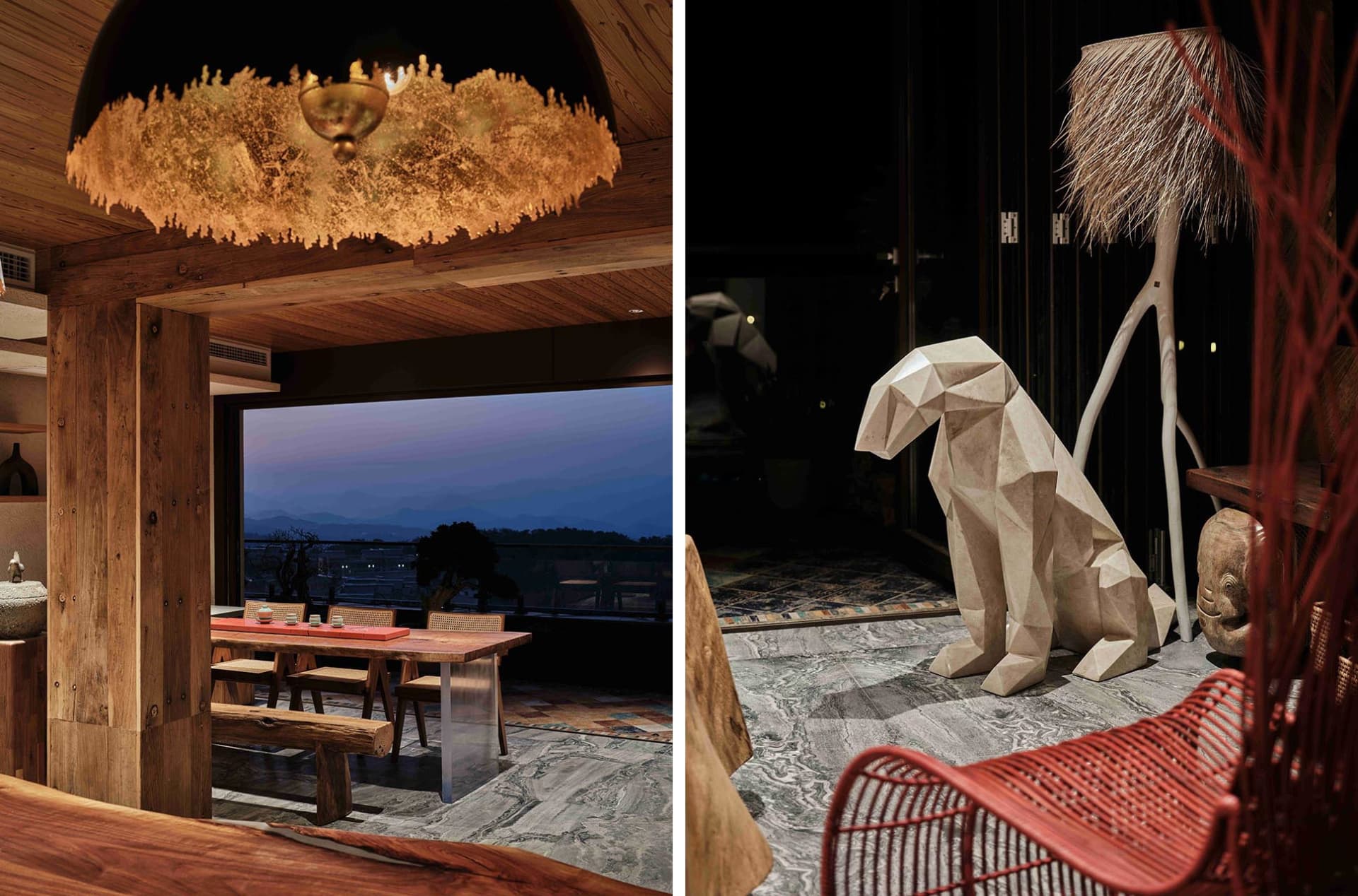Modern restaurant interior featuring wooden furniture and a view of a balcony overlooking the mountains.