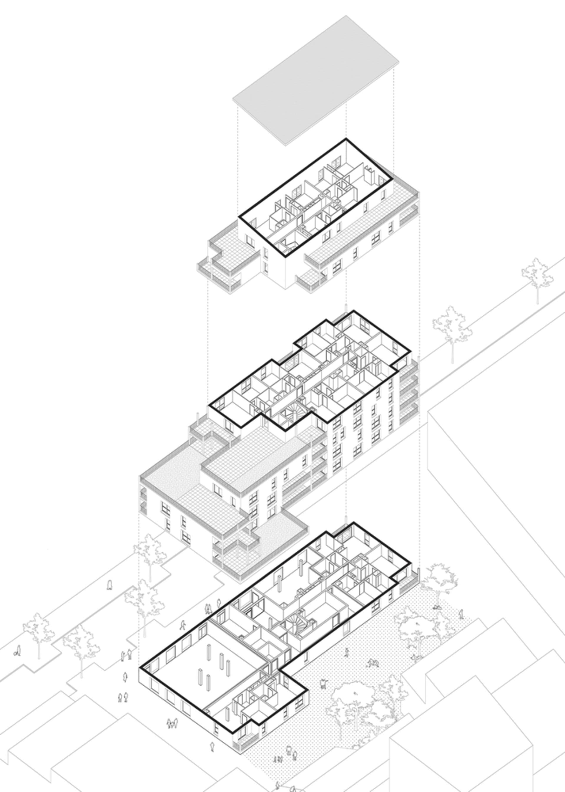 A detailed 2D technical drawing of apartment buildings showing various layouts and rooms.