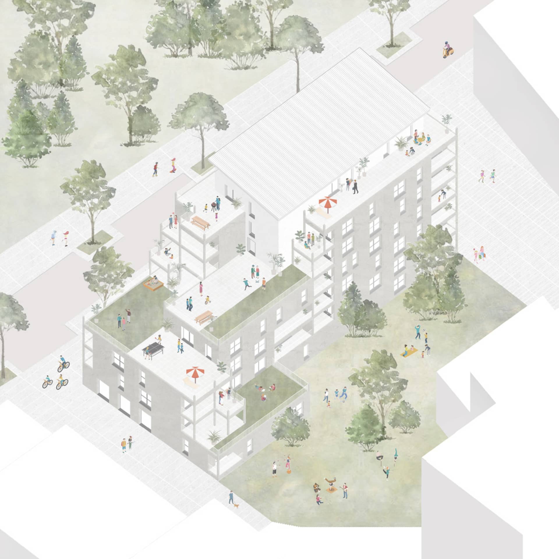 A rooftop of a modern apartment building with residents engaging in various activities, surrounded by greenery and trees.