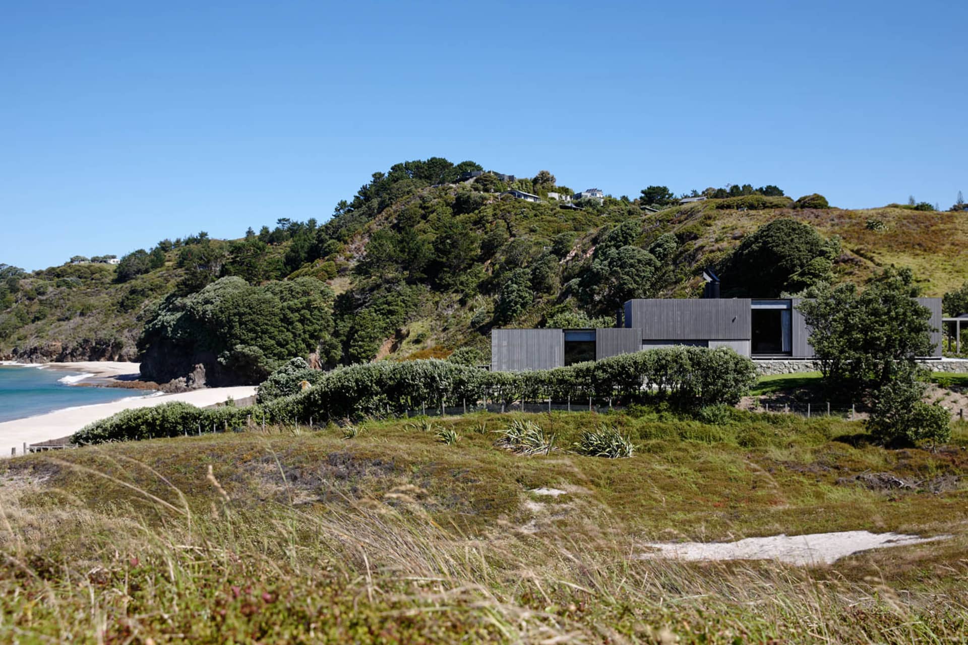 Modern residential house near the beach surrounded by greenery