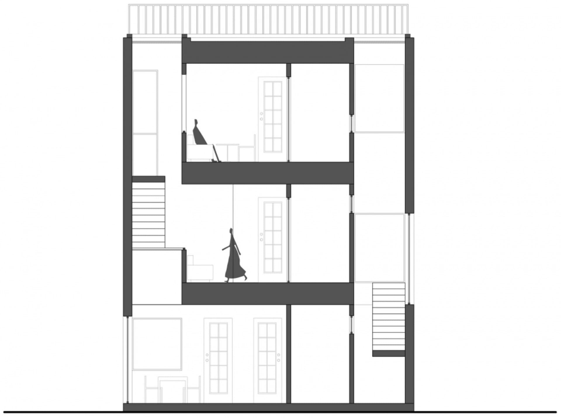 極簡住宅建築的平面圖,展示兩層樓的空間配置。