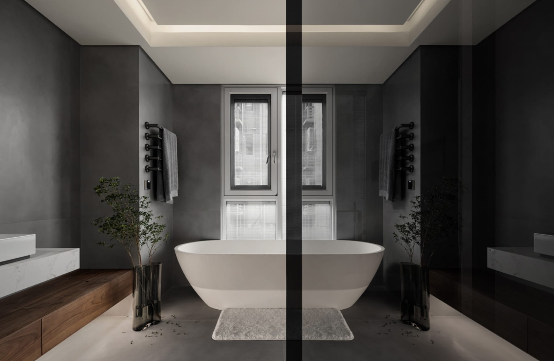 Modern bathroom with concrete walls, white bathtub, and minimalist design.