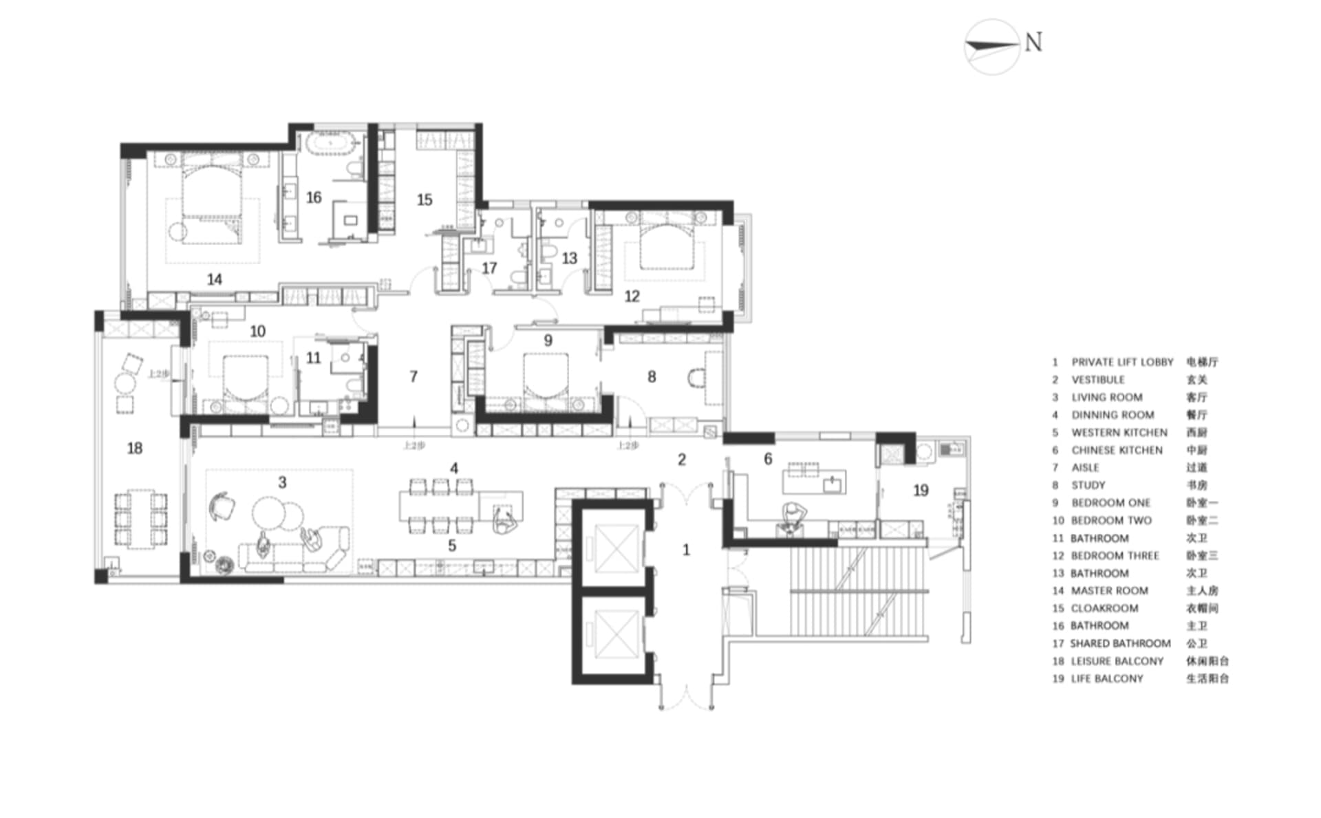 一張詳細的現代公寓2D建築平面圖，標示出各個房間與空間。