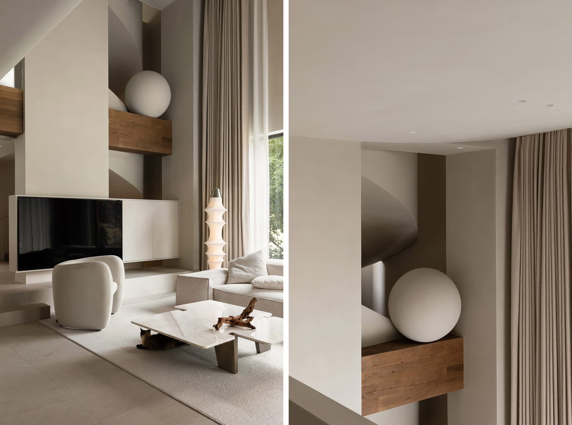 A modern minimalist living room featuring marble, wood, and glass elements.