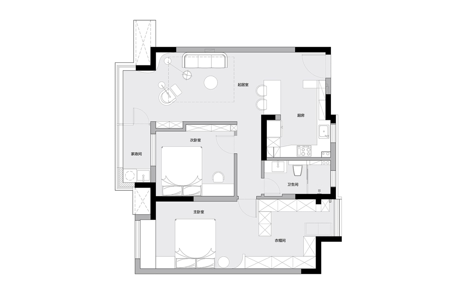 Modern apartment layout featuring an open-concept living, dining, and kitchen area with white walls and flooring, black trim,