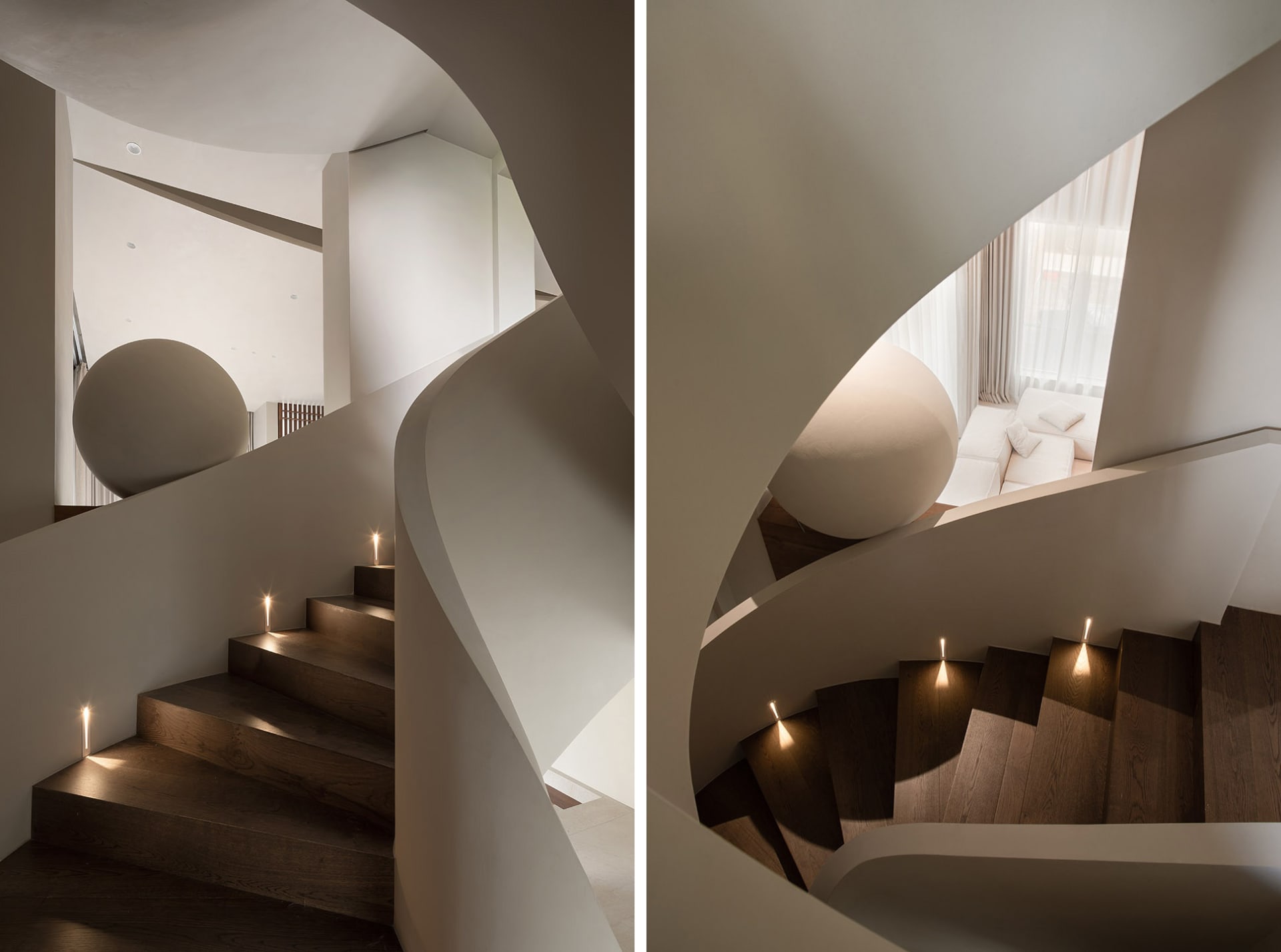 Modern staircase featuring wooden steps and built-in lighting.