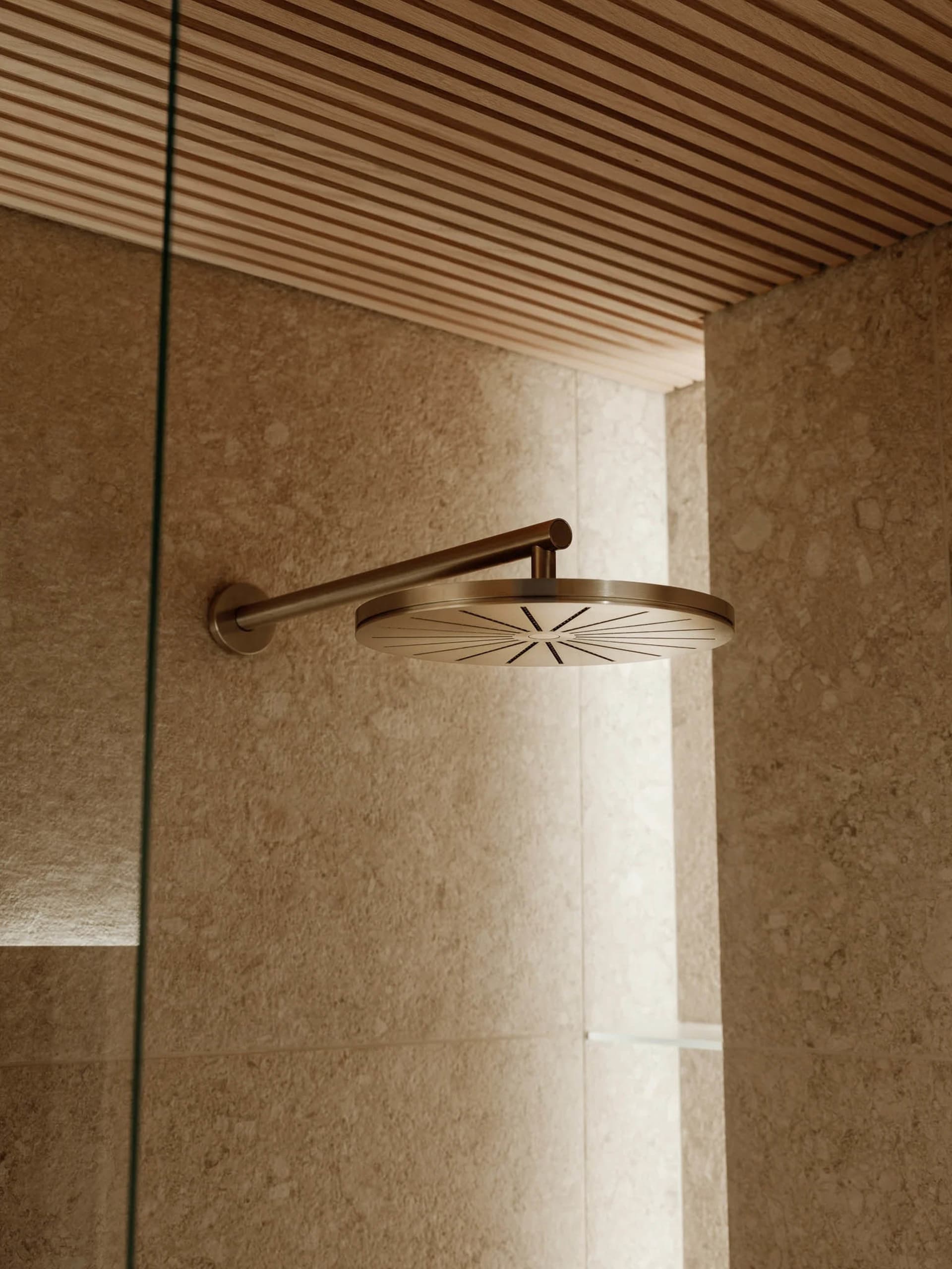 Modern minimalist bathroom featuring a sleek, metallic showerhead.