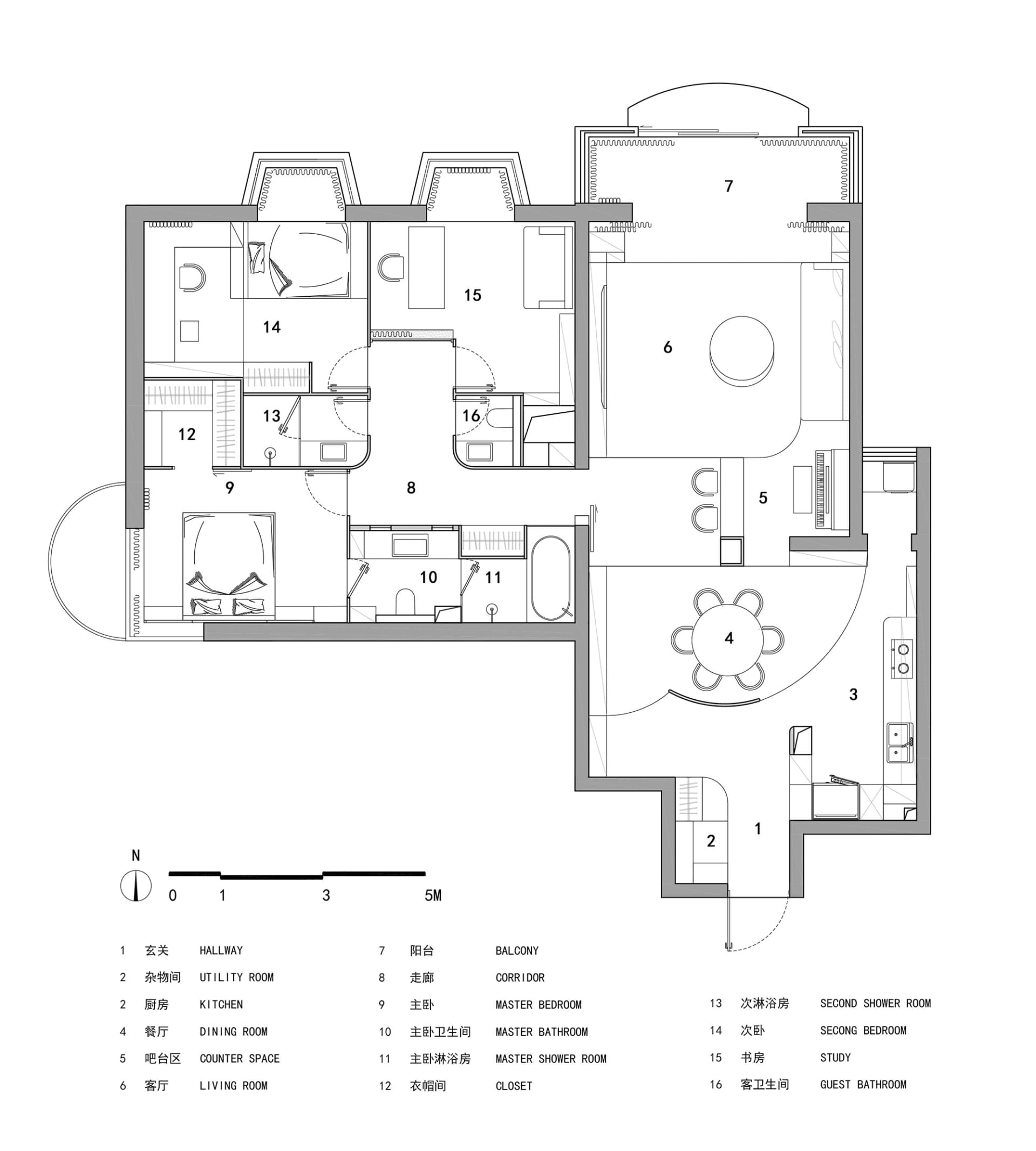 一張詳細的2D建築圖,呈現現代住宅平面配置,包含開放式設計元素與寬敞的起居空間