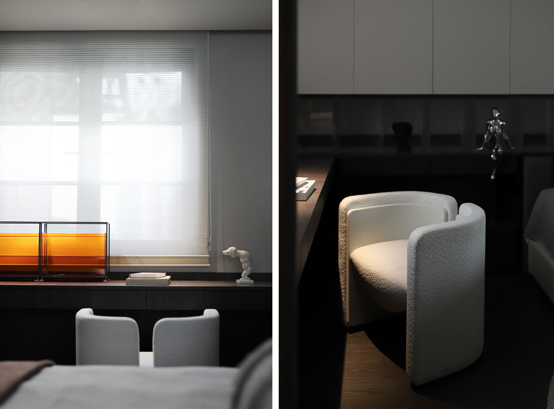 A modern interior featuring minimalist white furniture and sleek design elements.