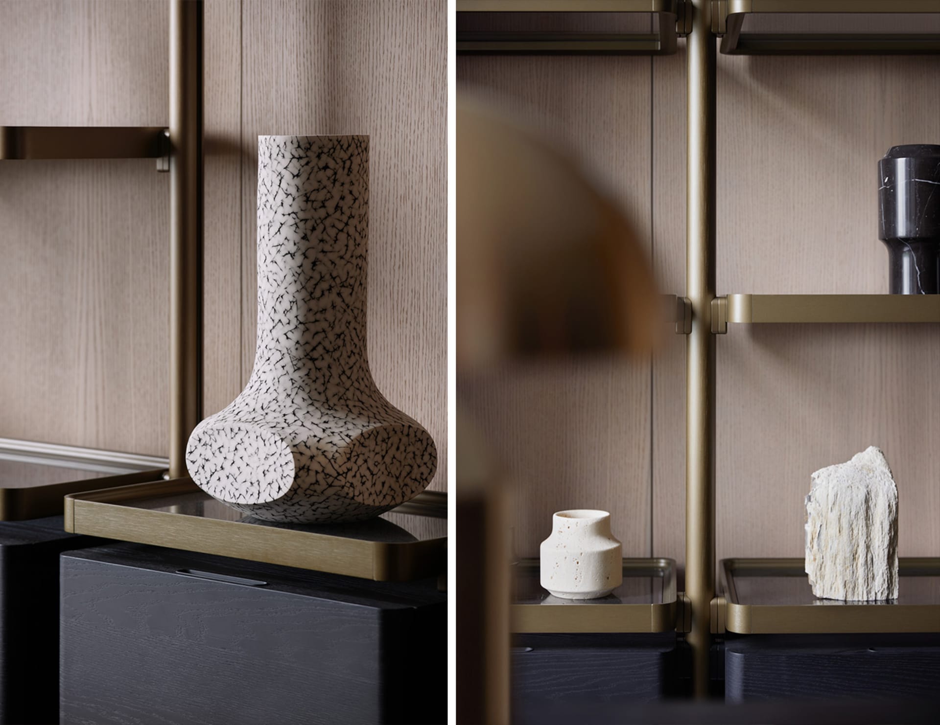 Modern decorative ceramic object on a shelf in a minimalist interior design setting.