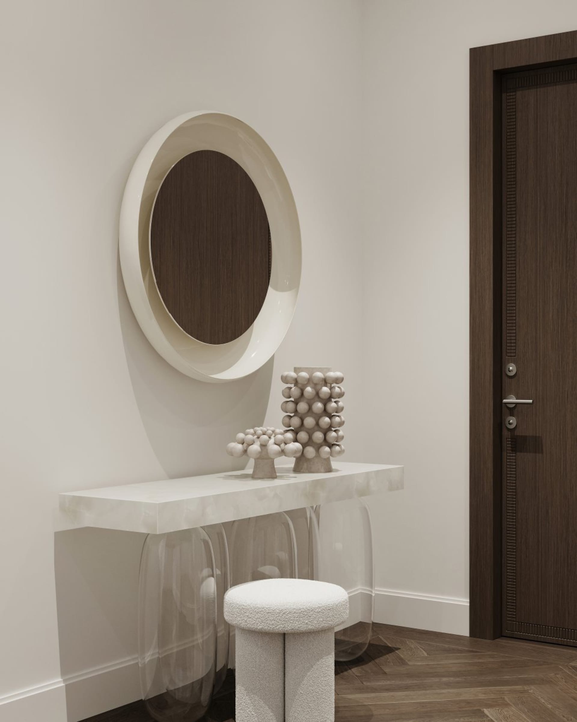 Modern entryway featuring glass and wood materials.