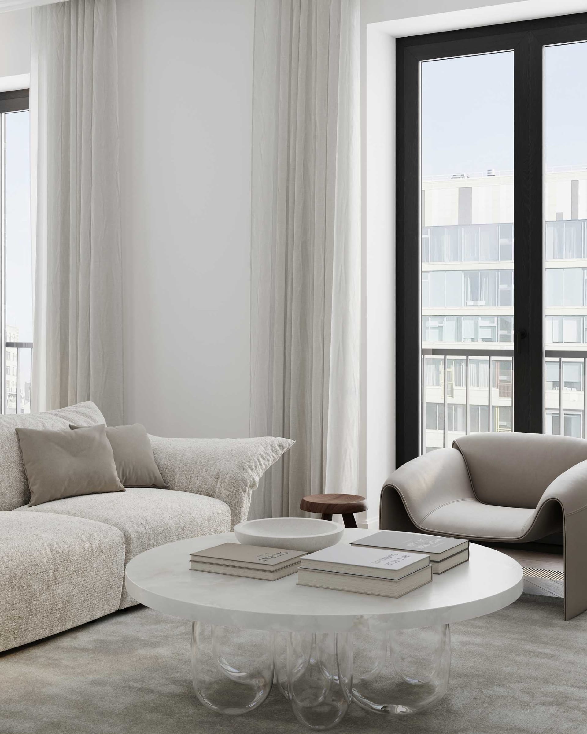 Modern living room with minimalist design, featuring a white fabric sofa and glass coffee table, large windows with light-col