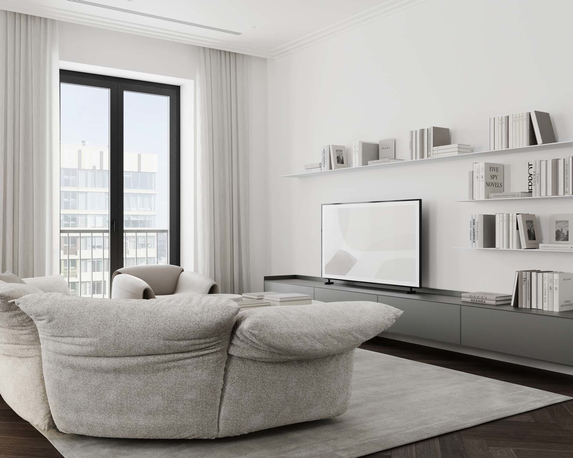 Modern minimalist living room featuring couches and shelving.