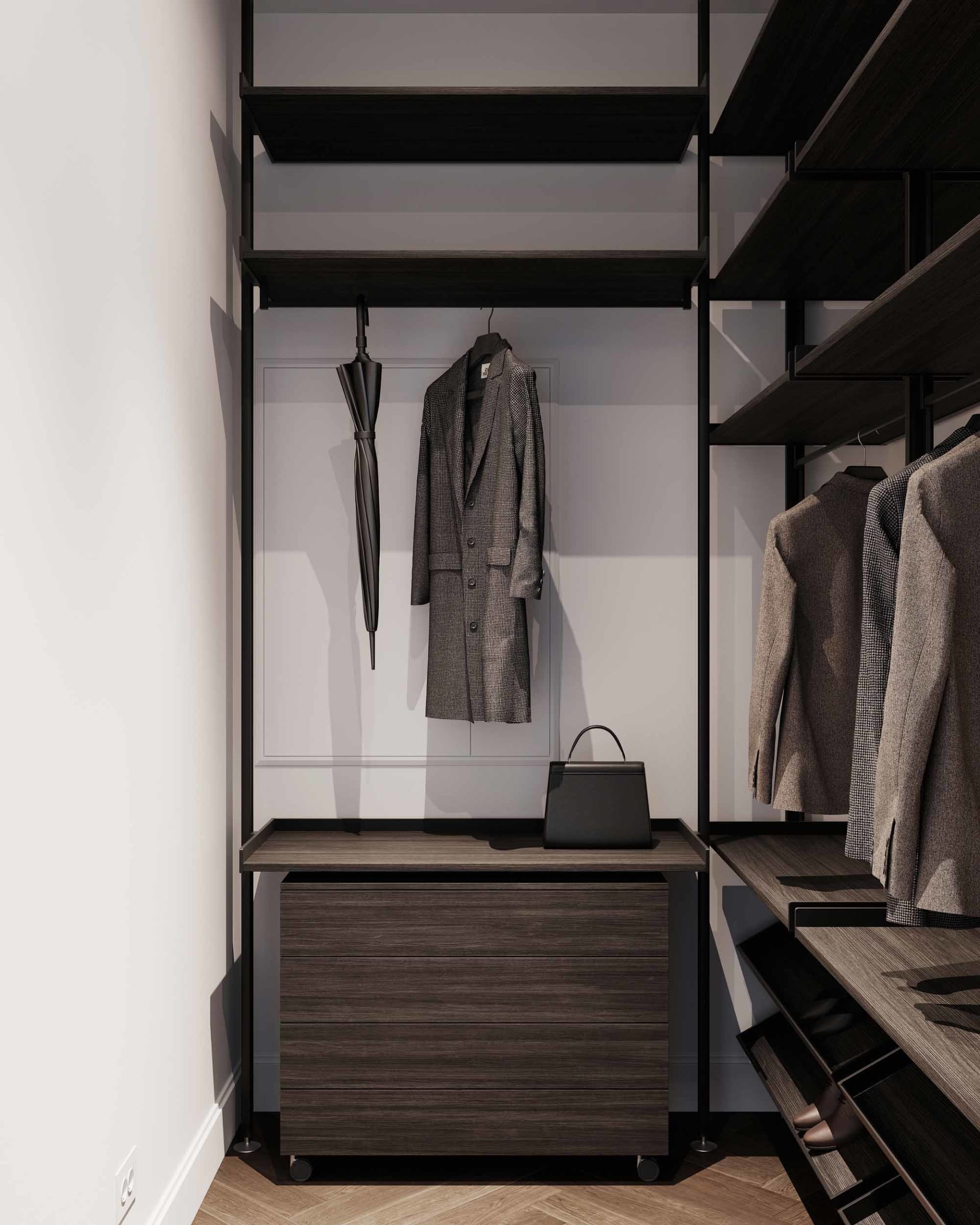 A modern closet with wooden texture, featuring dark wood shelves, a hanging umbrella, a coat, and a handbag.