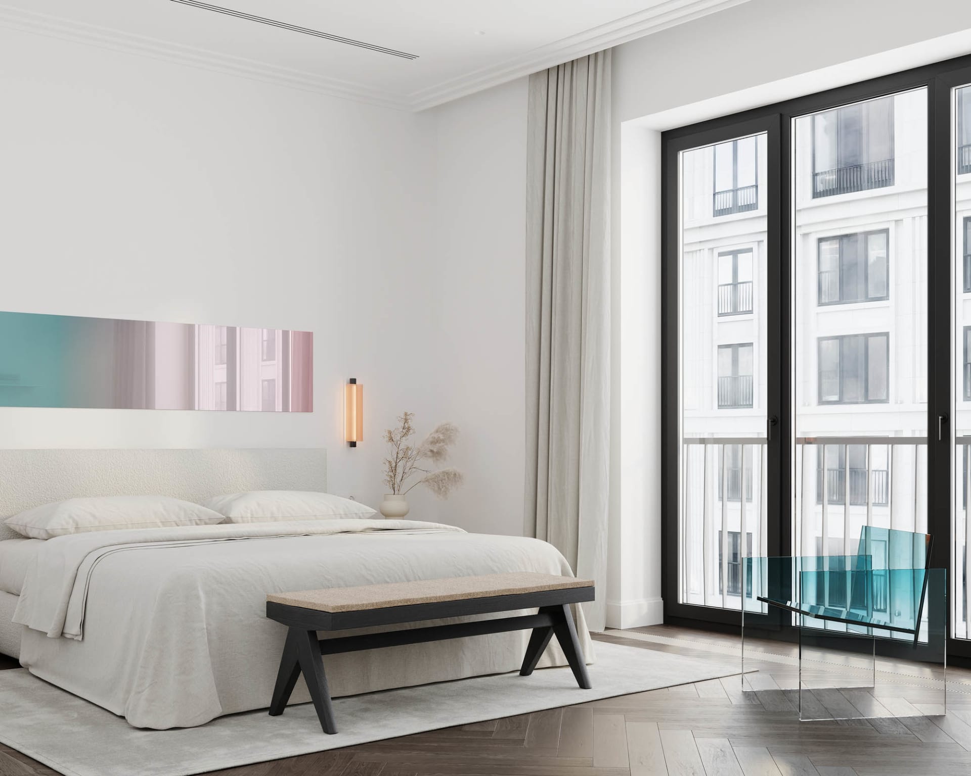 A modern bedroom with a neutral-toned color palette and a large window.