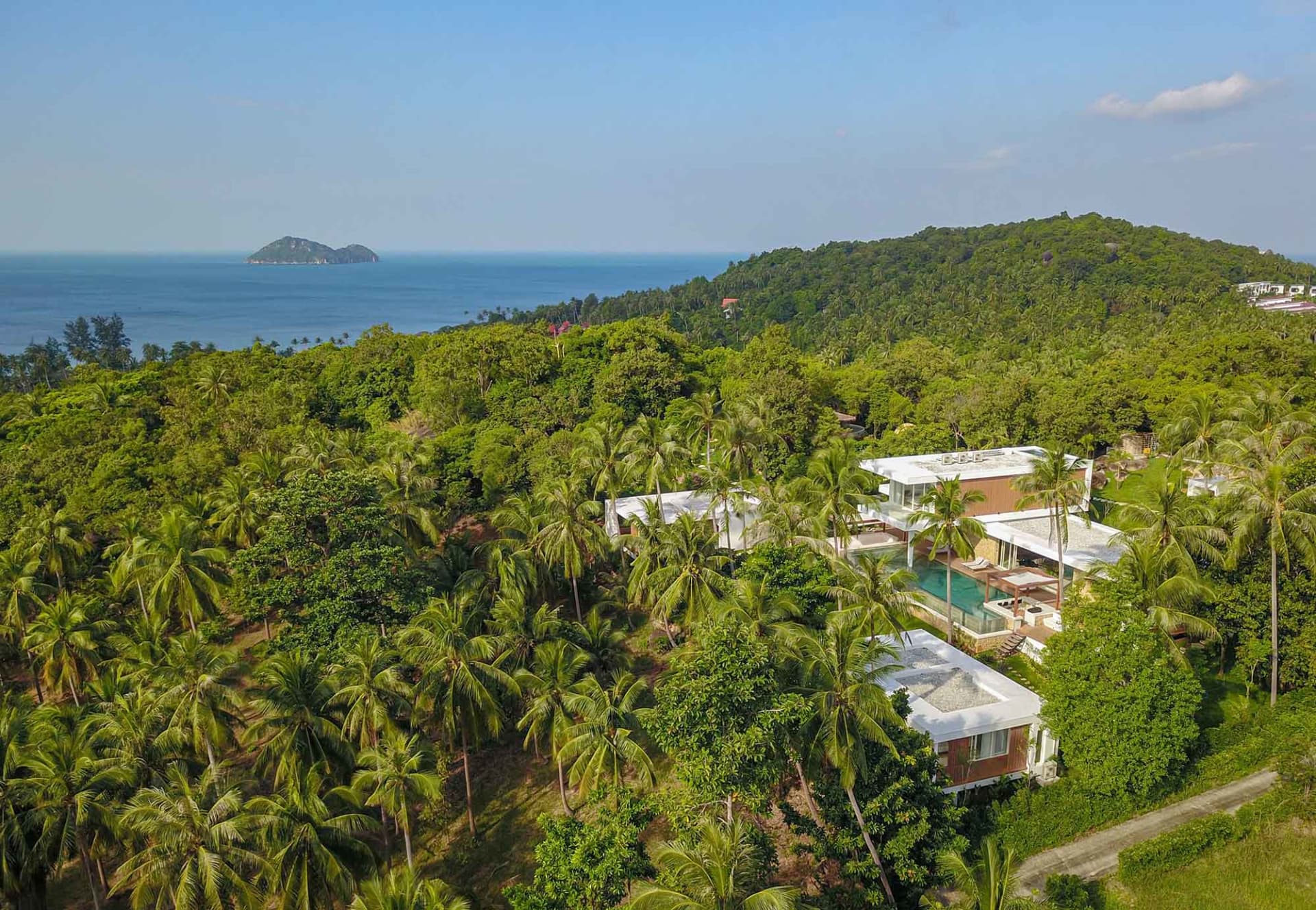 Aerial view of a modern villa with a glass facade, surrounded by palm trees and overlooking the ocean.