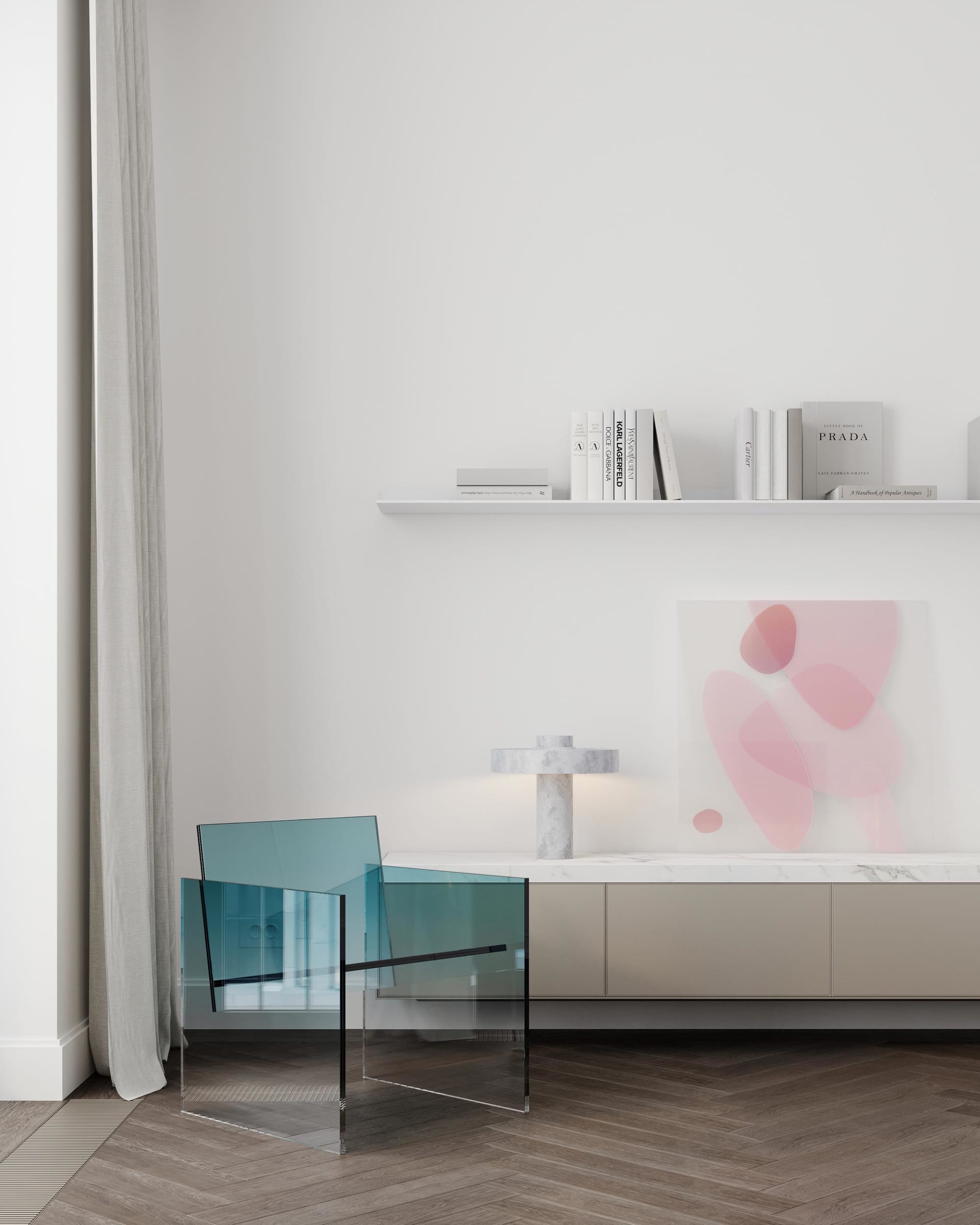 Minimalist living room featuring glass chairs, marble furniture, and a white wall with a shelf and abstract artwork.