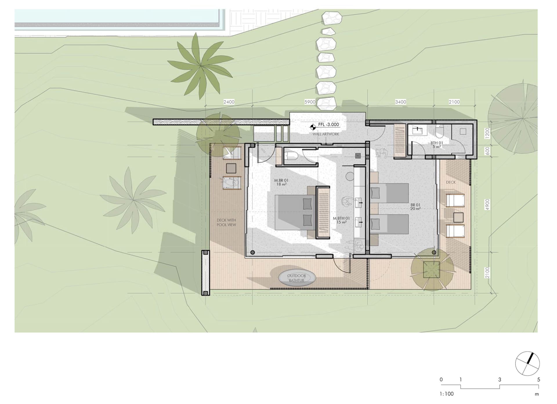 A floor plan of a modern residential house with concrete and wooden finishes.