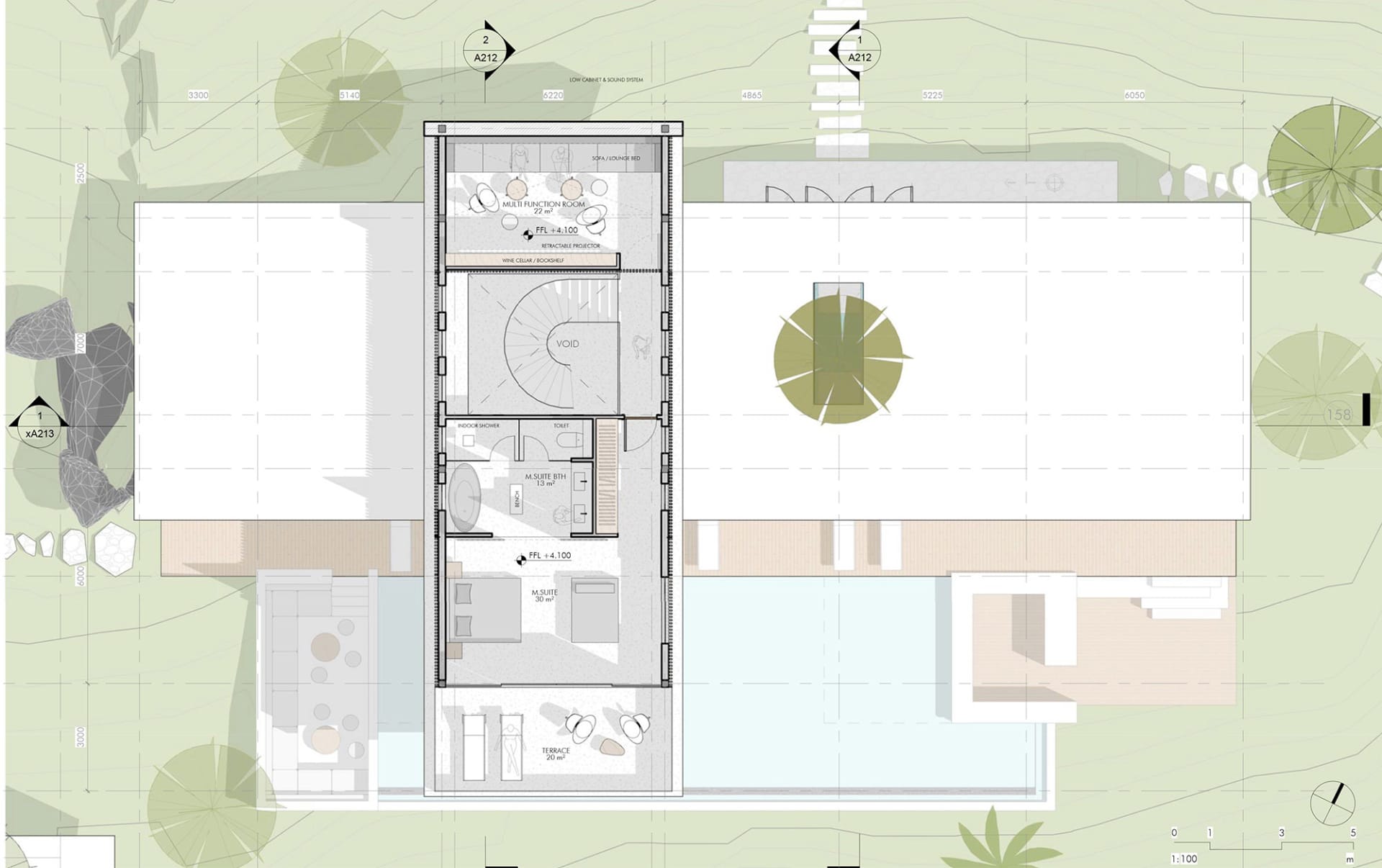 現代住宅建築的平面圖,展示各種房間與空間配置。