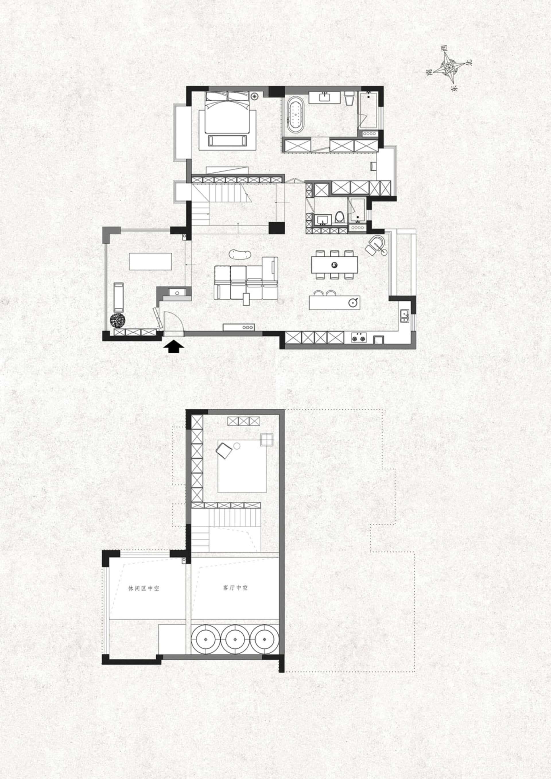 2D drawing of a minimalist apartment layout featuring modern furniture and open space.