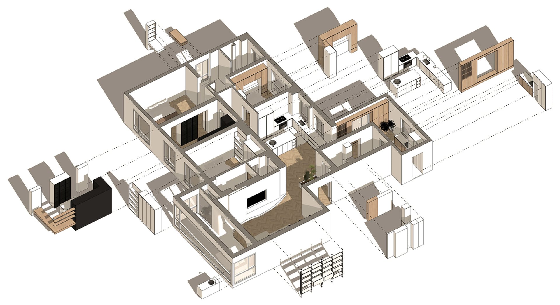 現代住宅公寓佈局的簡化3D渲染，採用混合材質與開放空間。