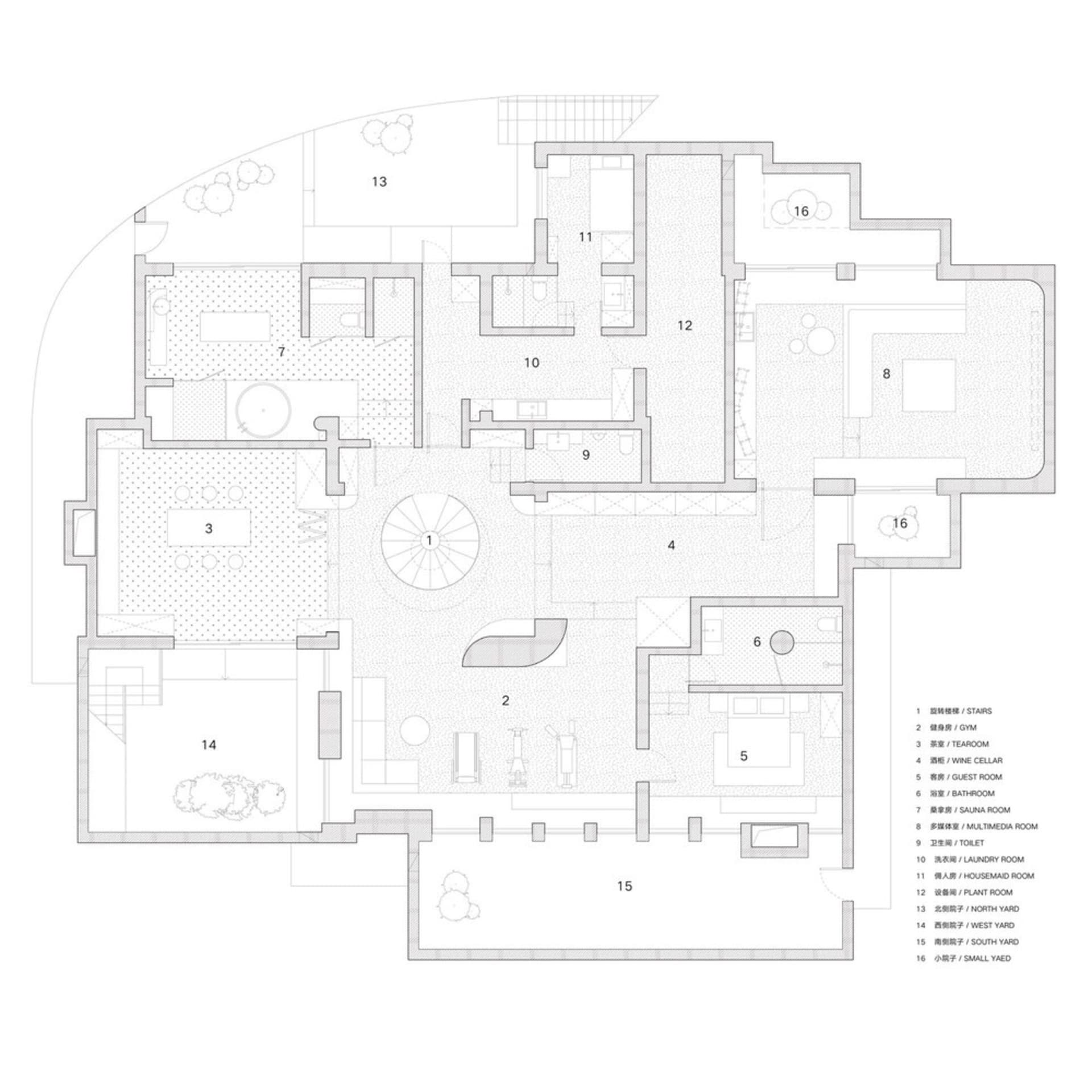 Floor plan of a modern residential house showing various rooms and wings.