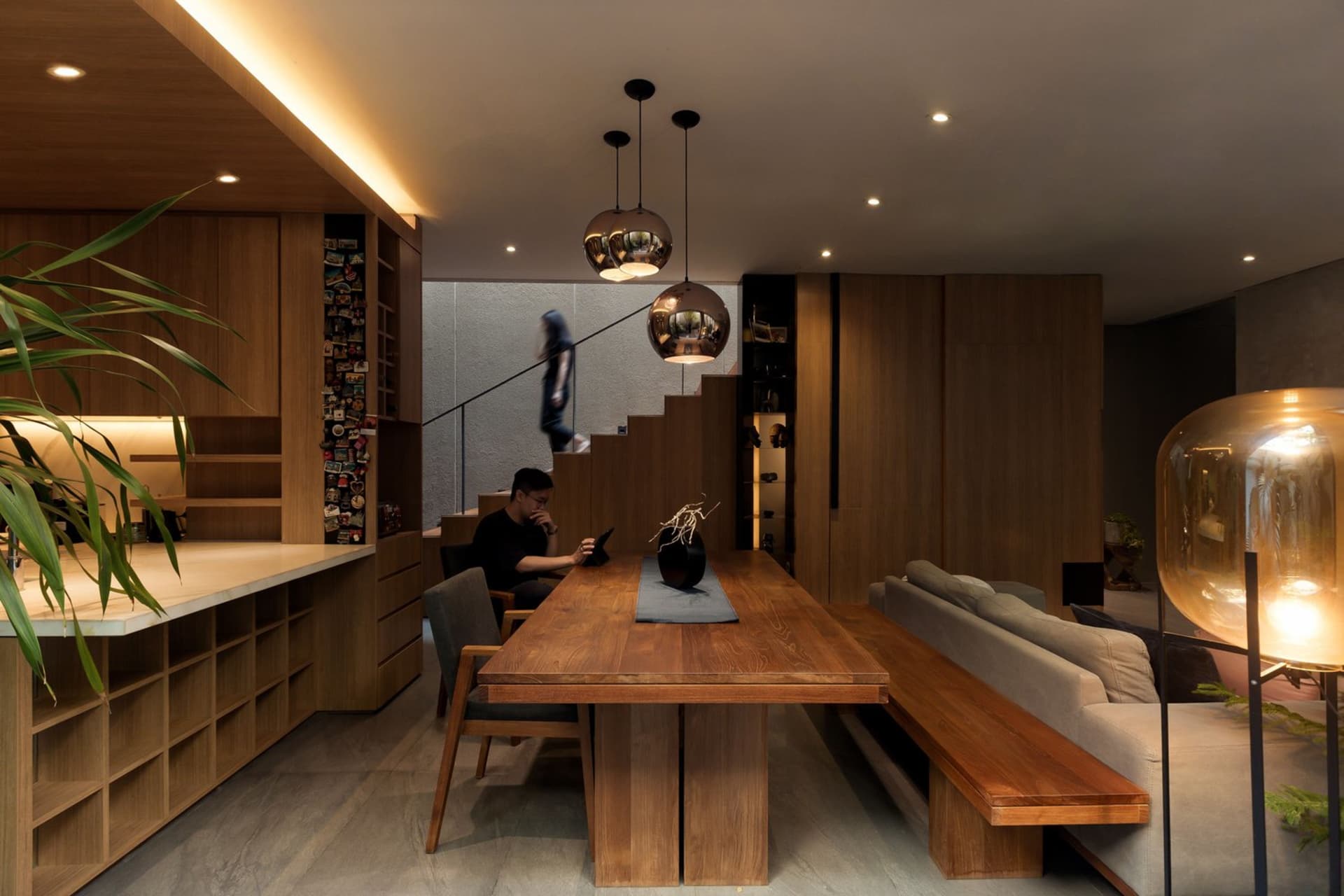 Modern living room with wooden furniture and minimalist design