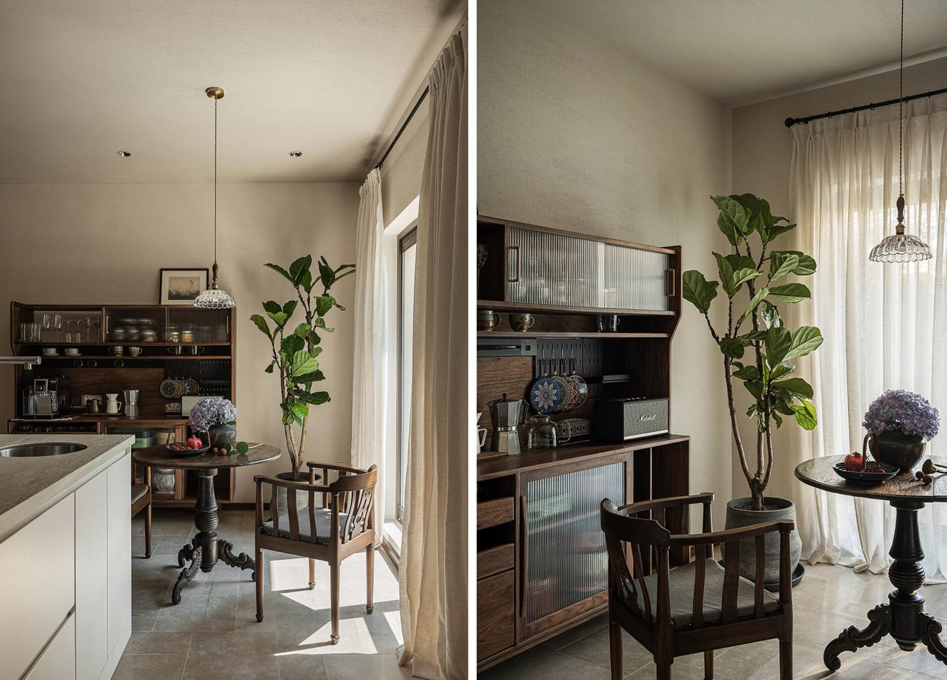 Modern residential kitchen and breakfast nook with wooden furniture, potted plants, and a cozy seating area.
