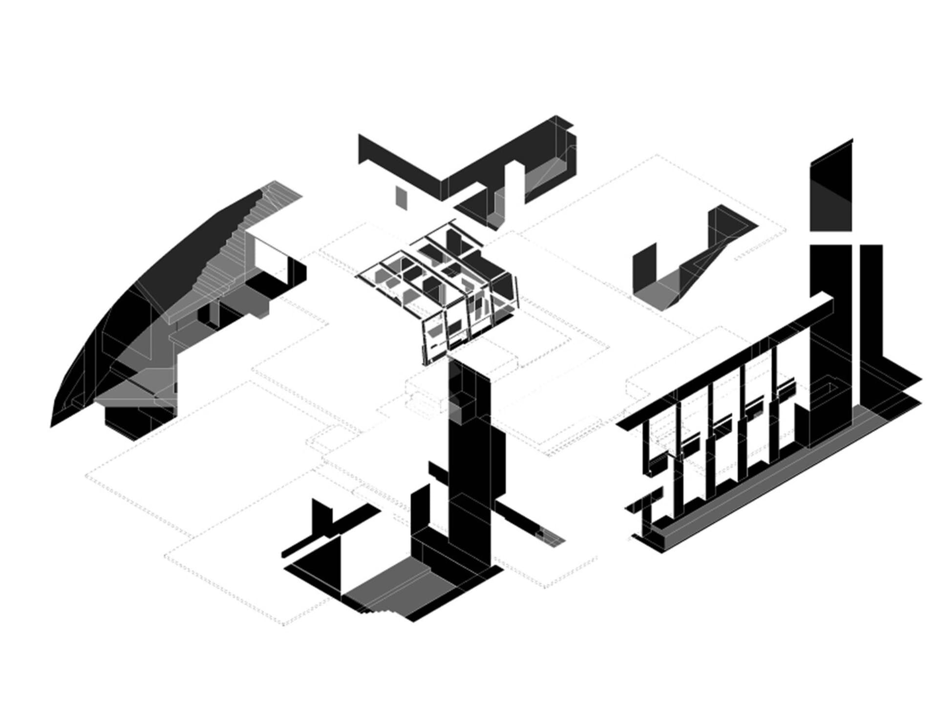 An isometric architectural representation of an interior design.