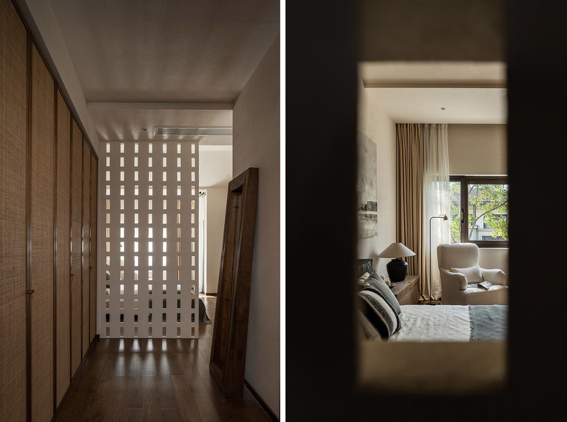 Minimalist bedroom featuring textured straw walls and a cozy bed.