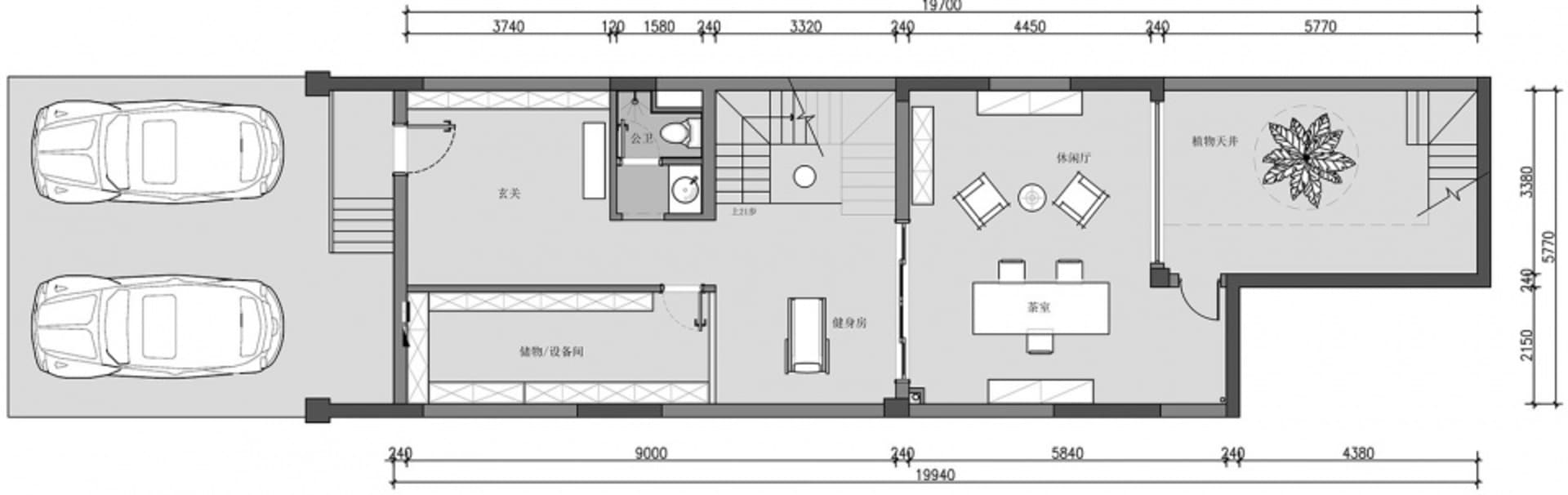 A detailed architectural floor plan showing a modern residential layout with living room, dining room, kitchen, and two bedro