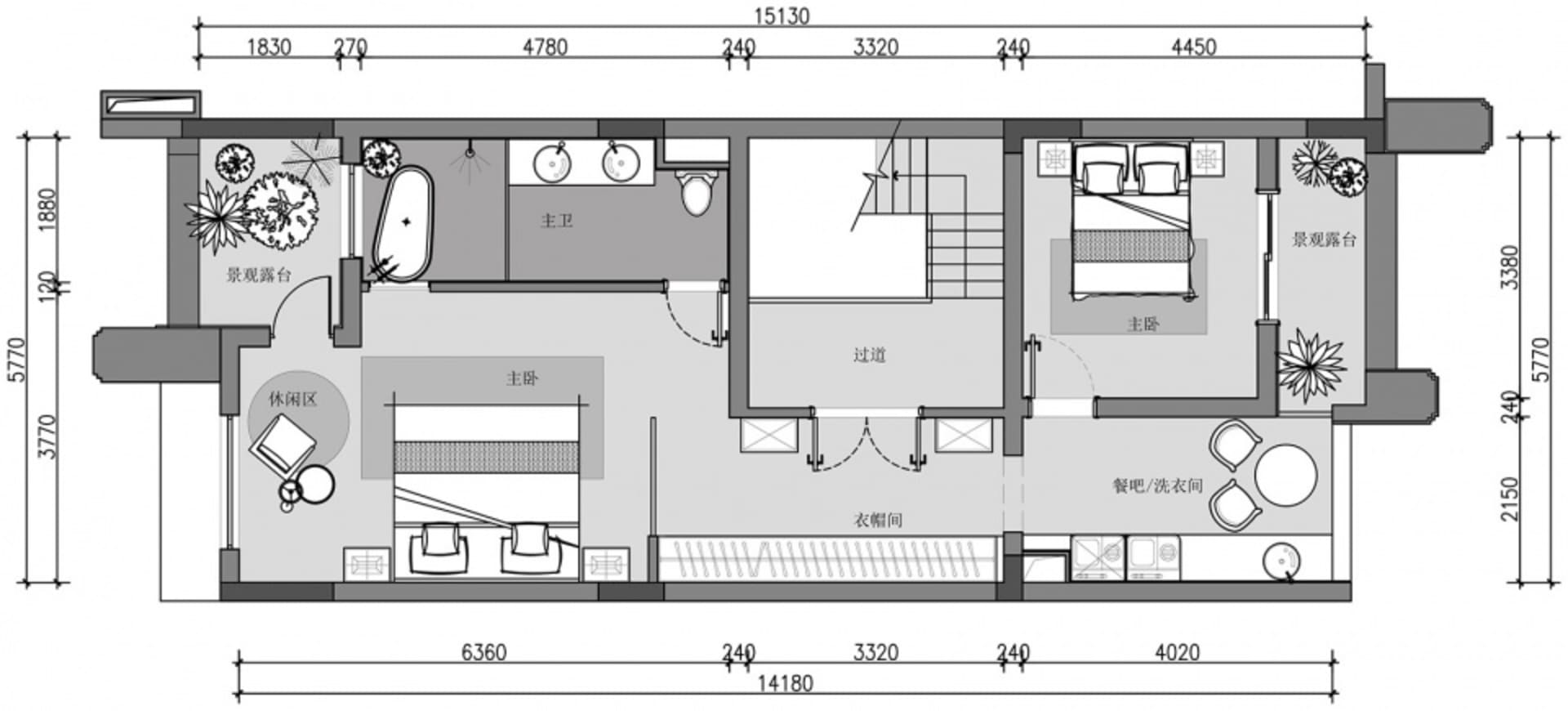 A detailed 2D architectural drawing of a residential floor plan with dimensions and labeled rooms.