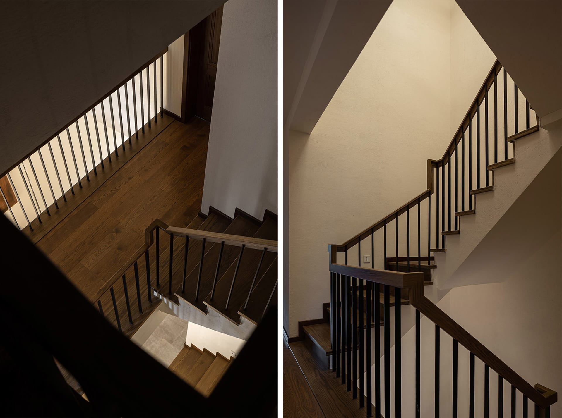 Modern interior design featuring a staircase with light walnut stair treads and stainless steel rails, illuminated by natural
