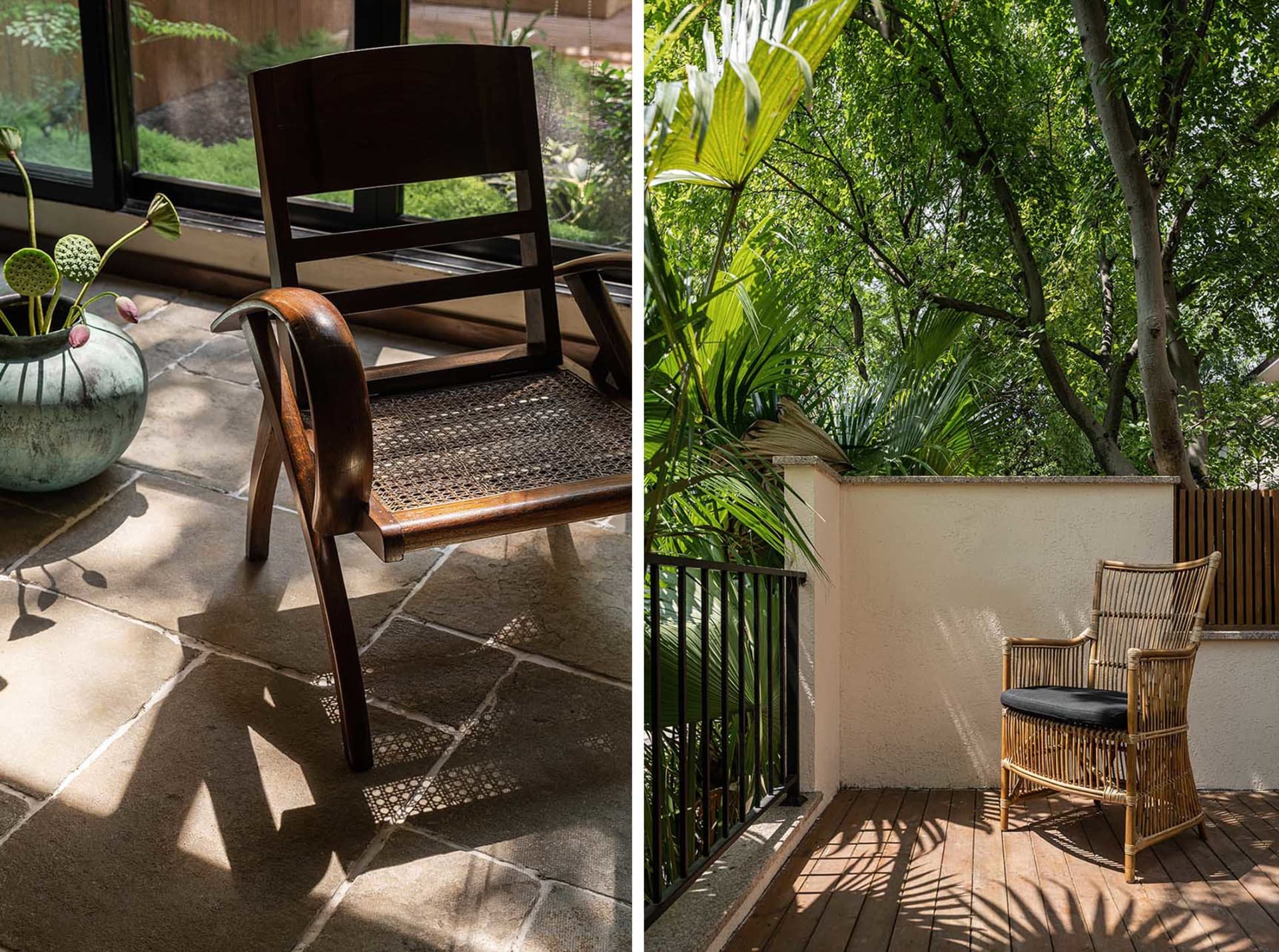 A wooden armchair placed outdoors in a shaded area surrounded by greenery.