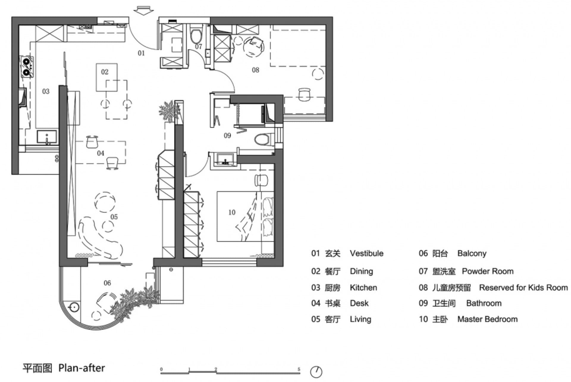 開放式現代客廳空間平面圖,展示結合客廳、餐廳與廚房的區域,附有陽台與盥洗室