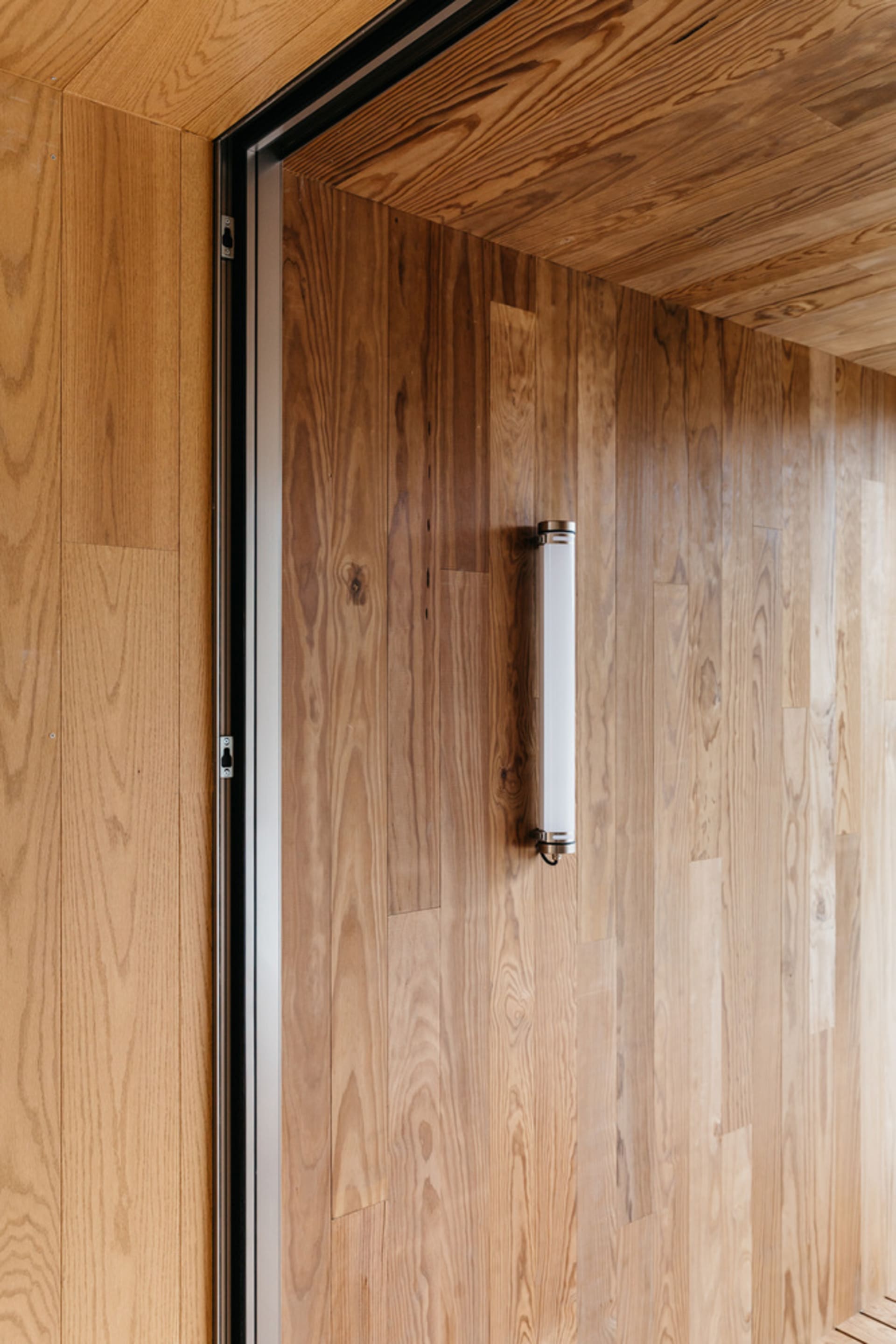 A close-up view of a wooden door with a sleek, white handle.
