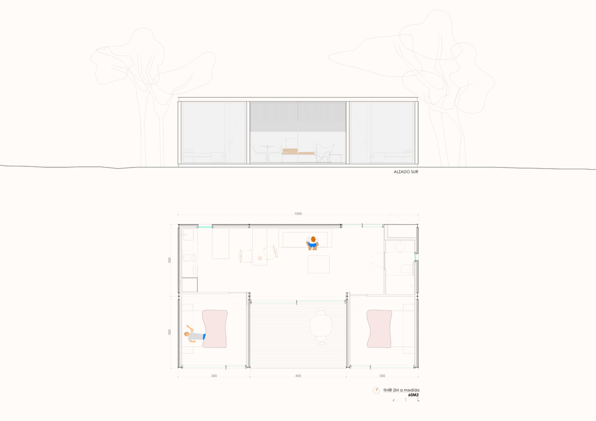 Floor plan of a modern residential interior featuring a glass wall.