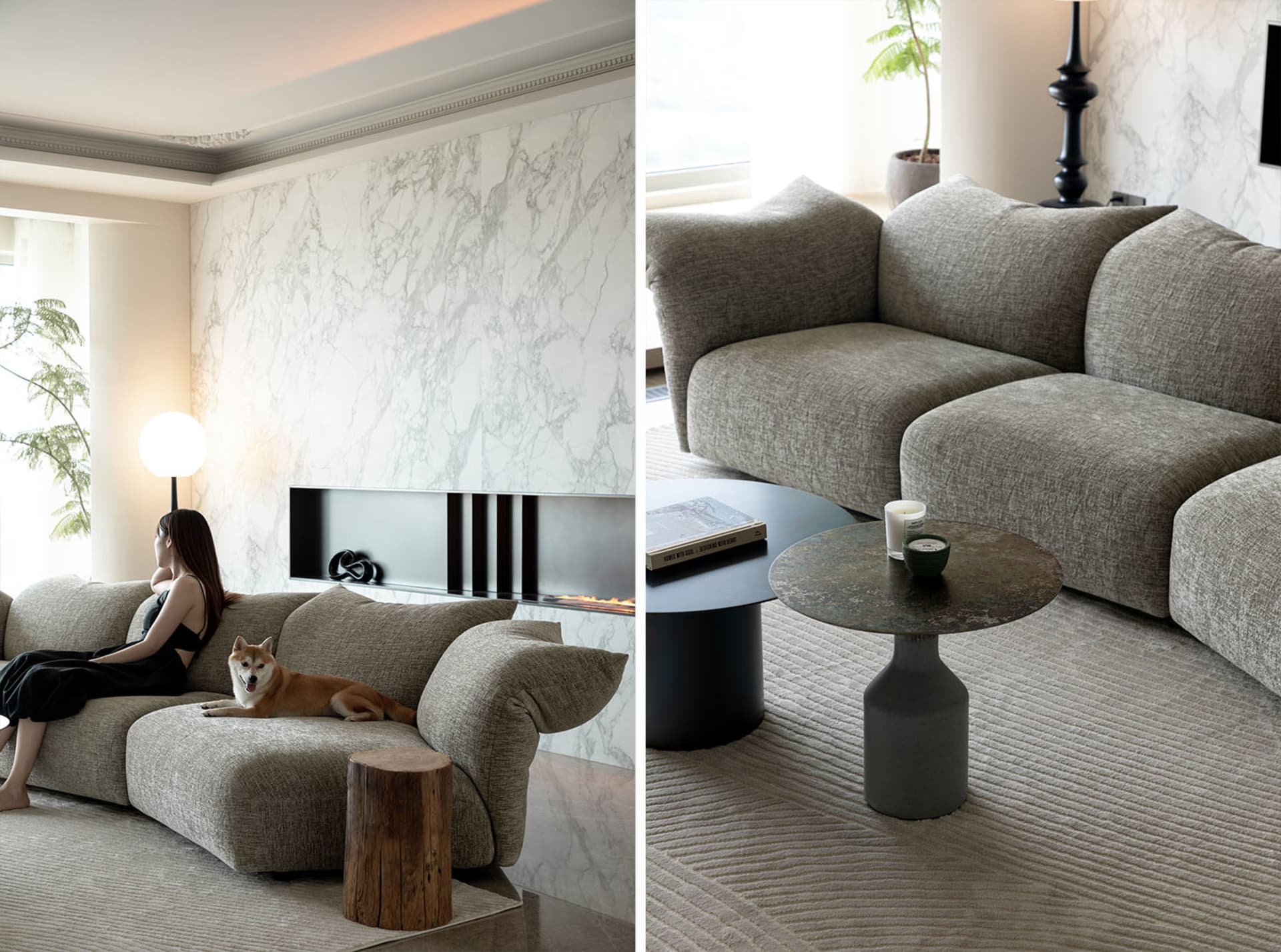 A modern living room with a textured sofa, marble fireplace, and concrete coffee tables.