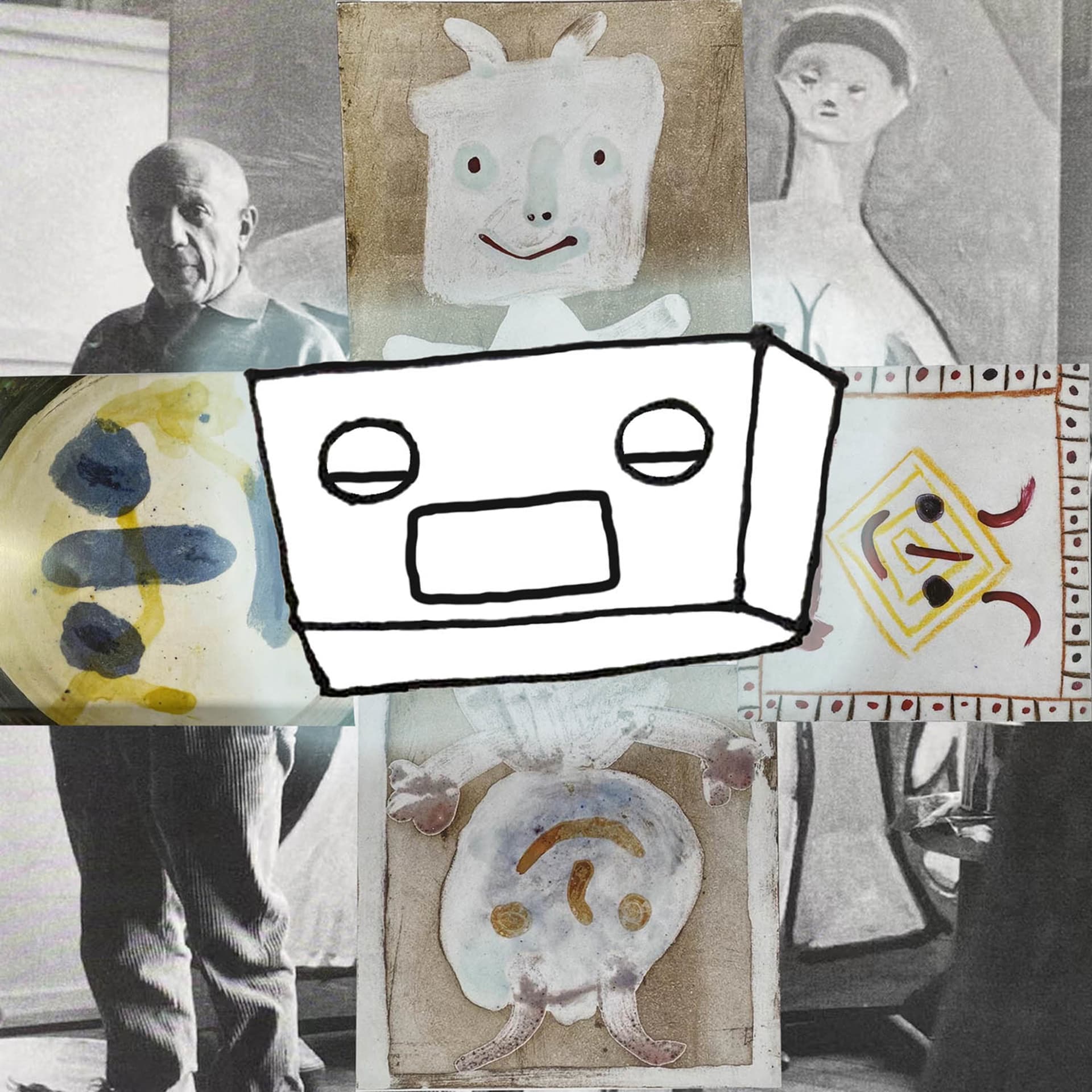 A collage of various abstract art pieces with a digital and mixed media style.