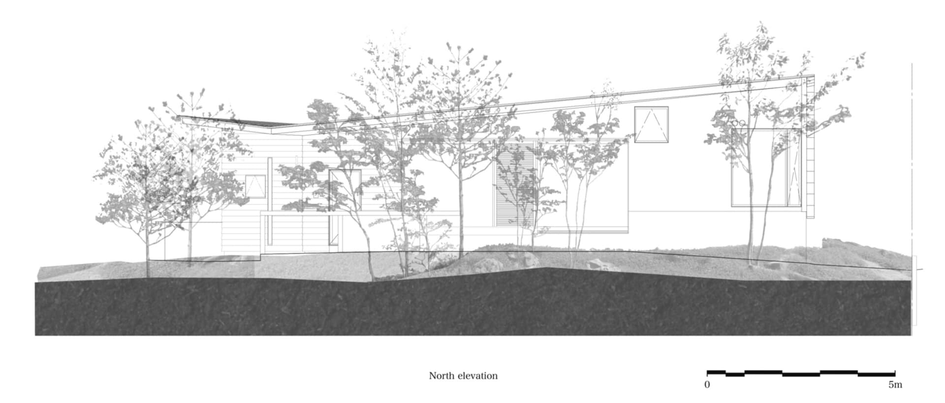 一張現代永續住宅的外觀建築圖,包含花園、樹木與景觀設計。