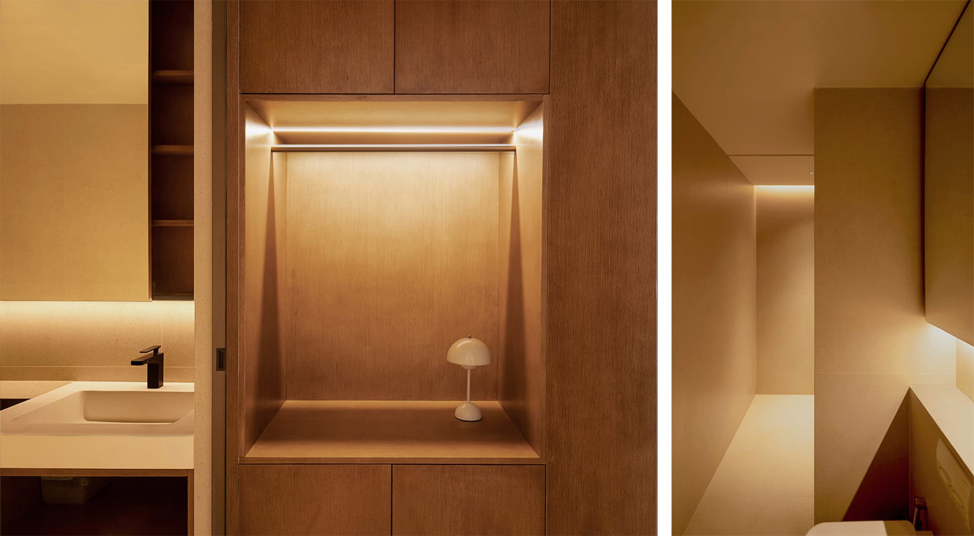 Modern bathroom with lighted storage shelf in wooden wall