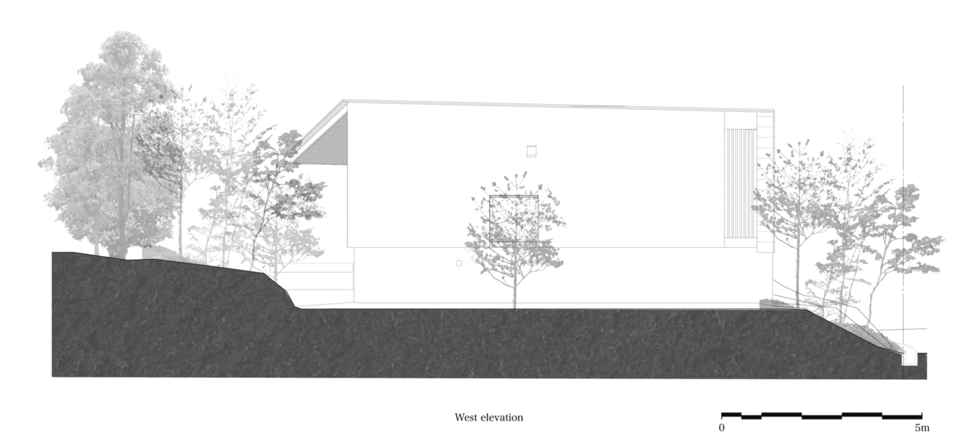 現代住宅外觀建築平面圖，展示西立面與周邊景觀。