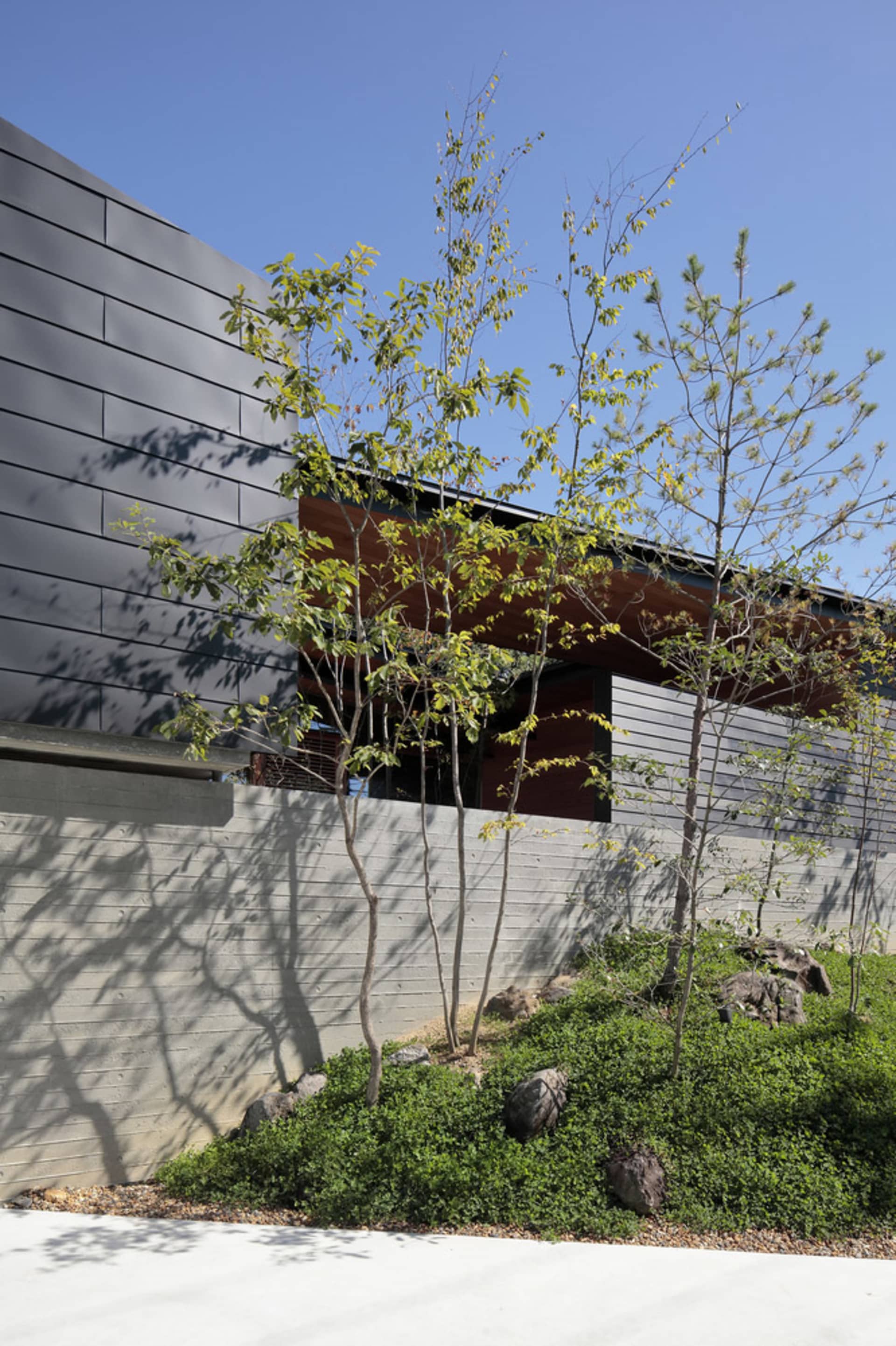 A modern building with metallic cladding and greenery.