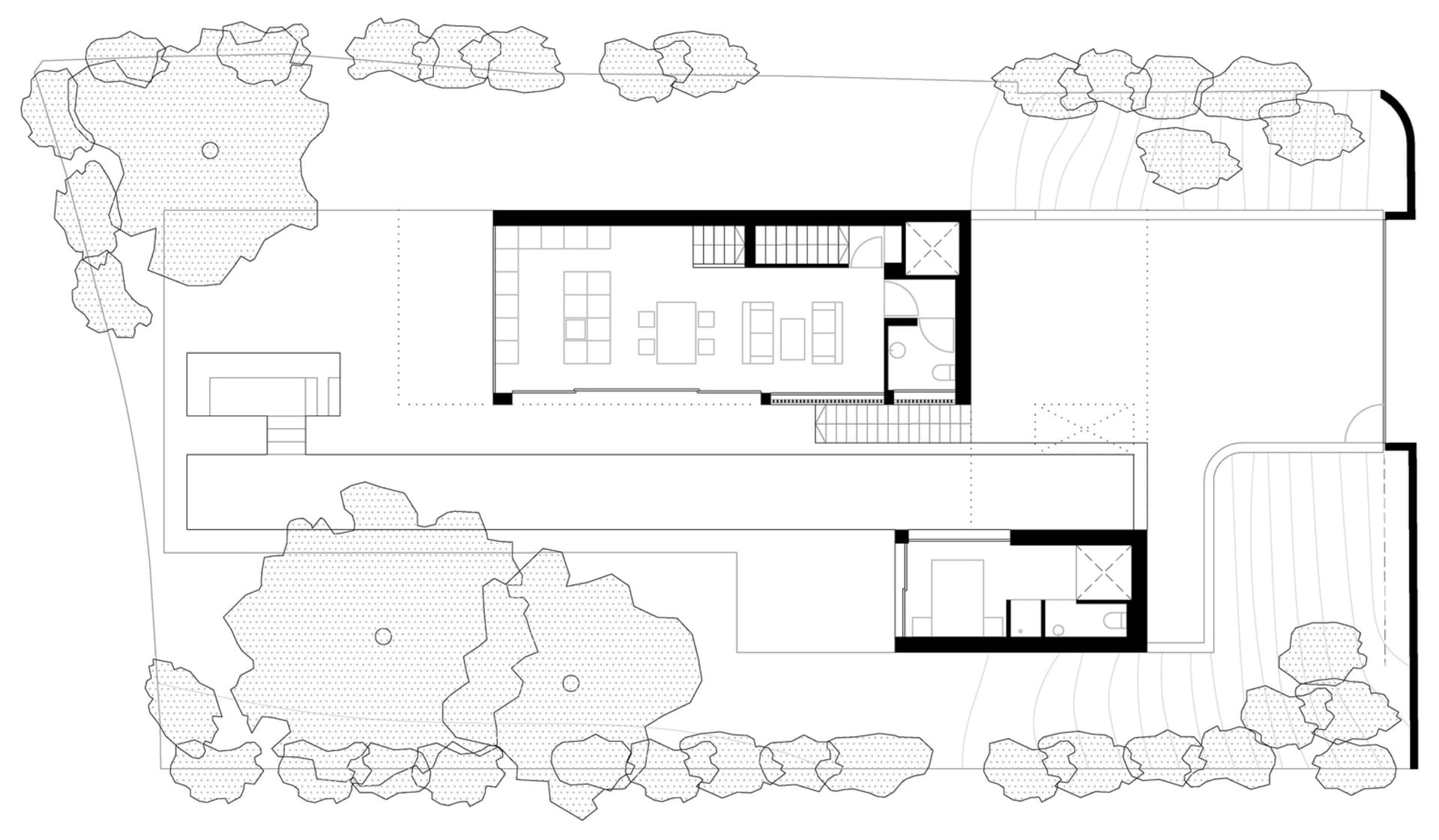 極簡現代住宅的平面圖,展示客廳、廚房與臥室。