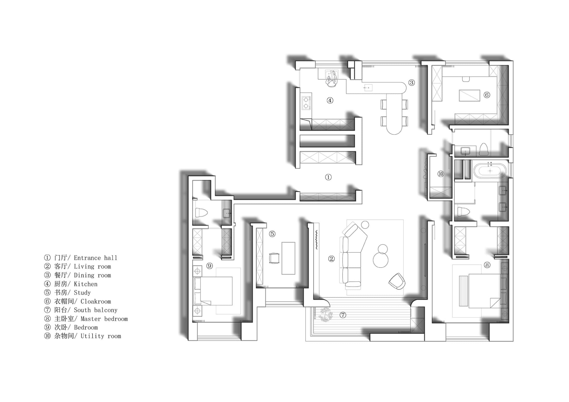 Modern apartment floor plan with living room, dining room, kitchen, bedrooms, and utility room.