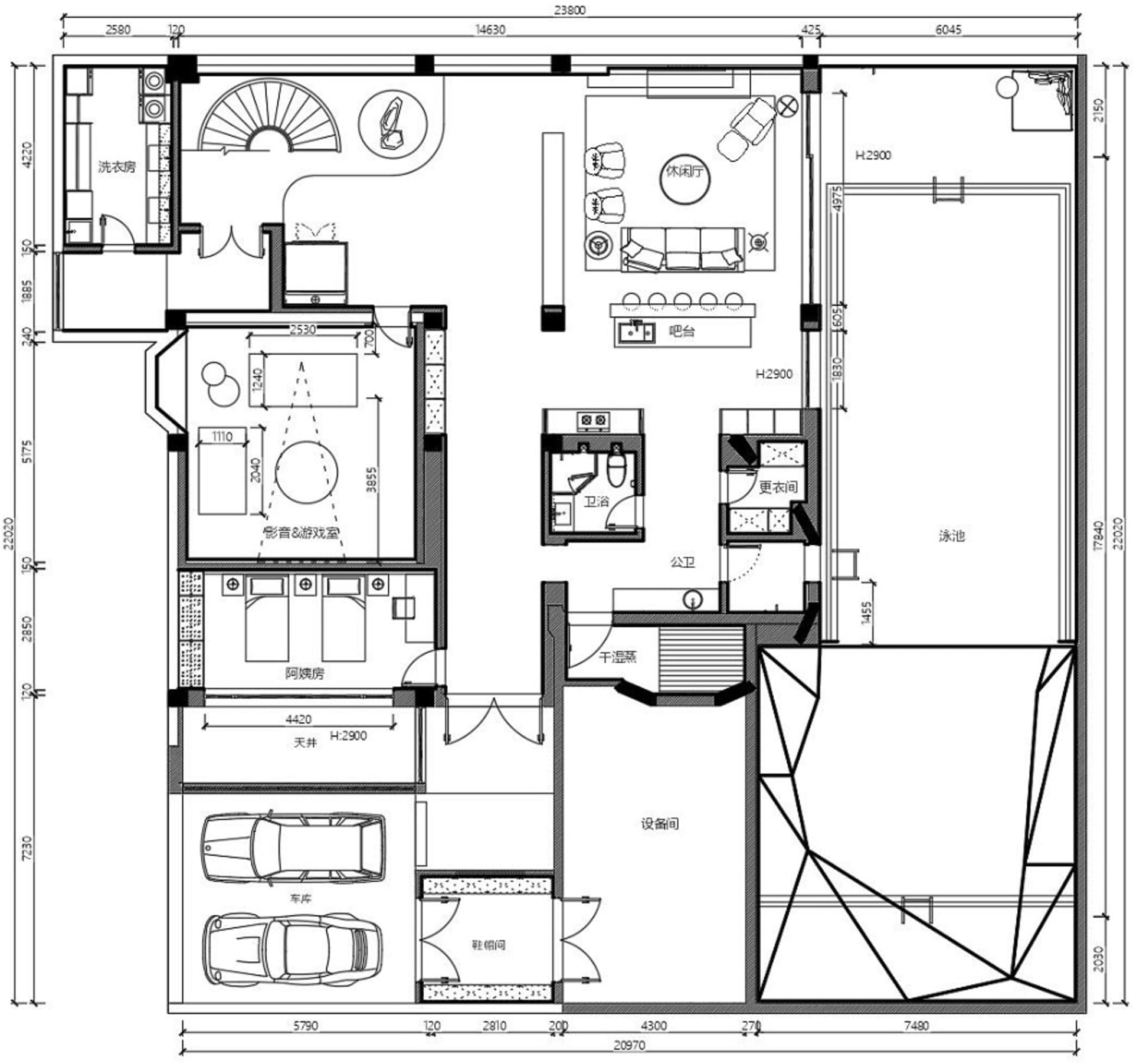 現代住宅的2D建築圖，採用混凝土、玻璃與木質材料。