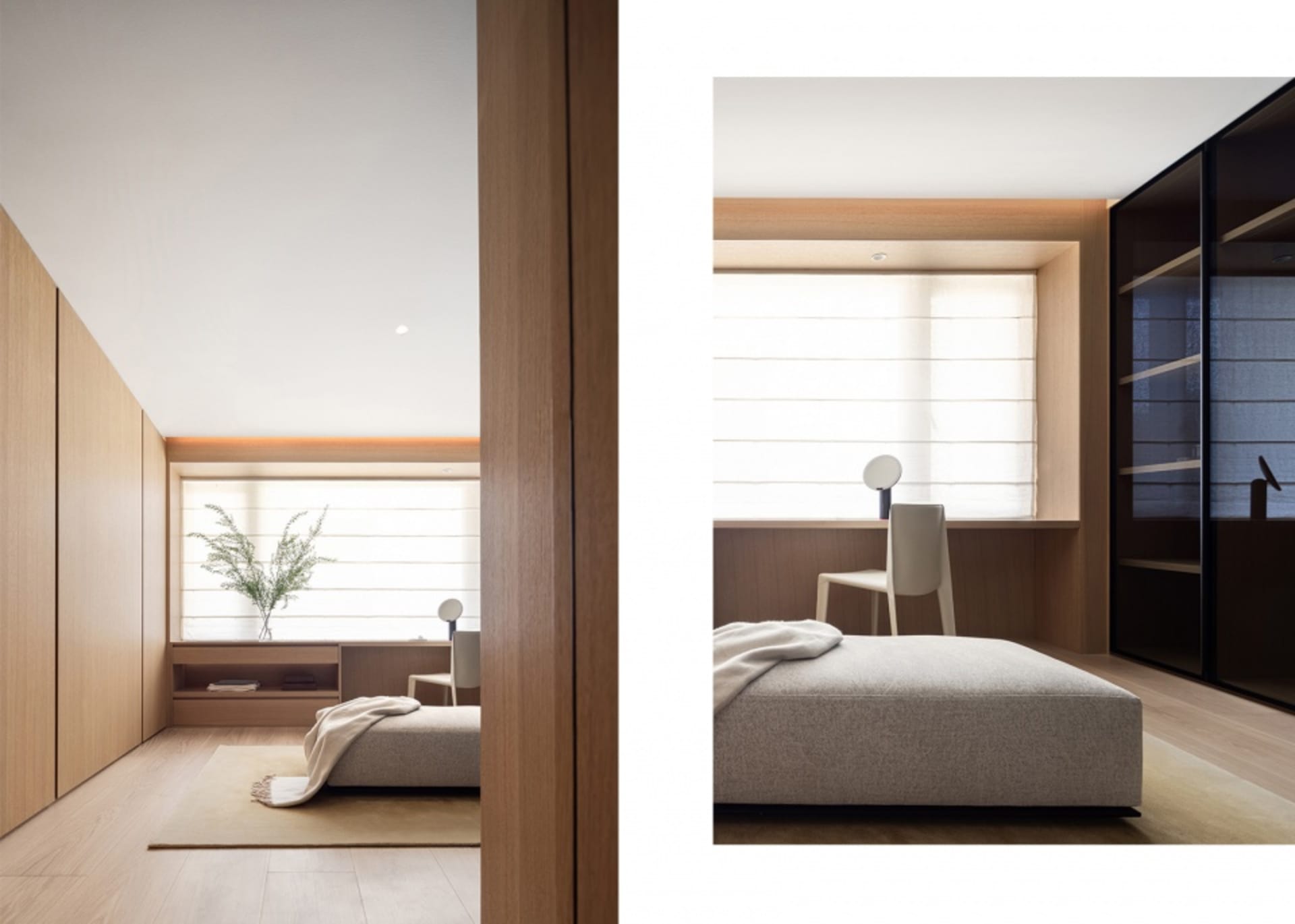 Modern minimalist bedroom with wood furniture and a large window.
