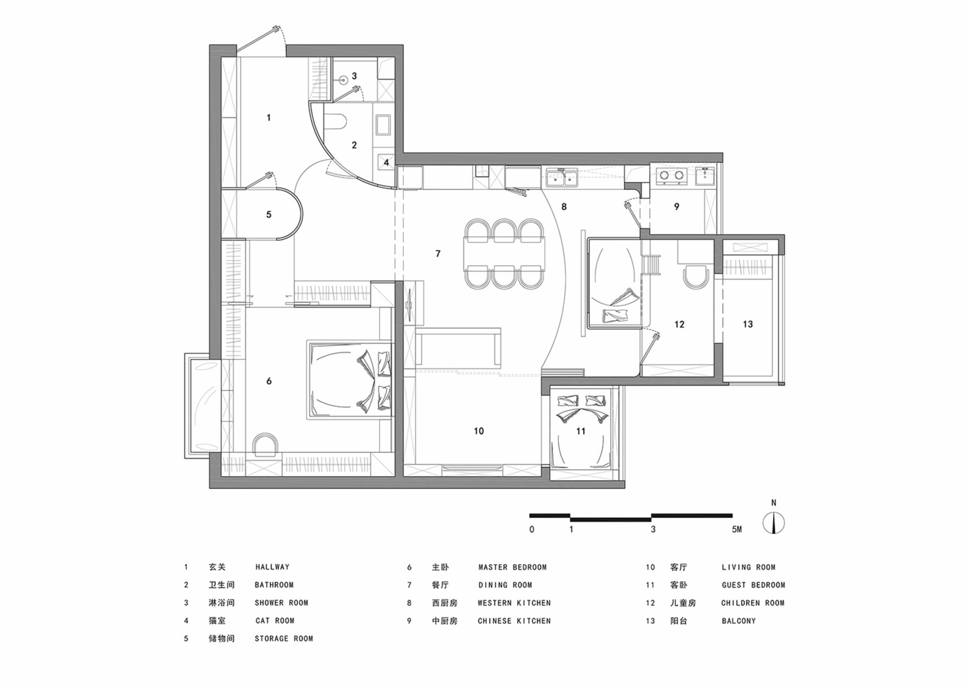住宅公寓的詳細2D建築平面圖。